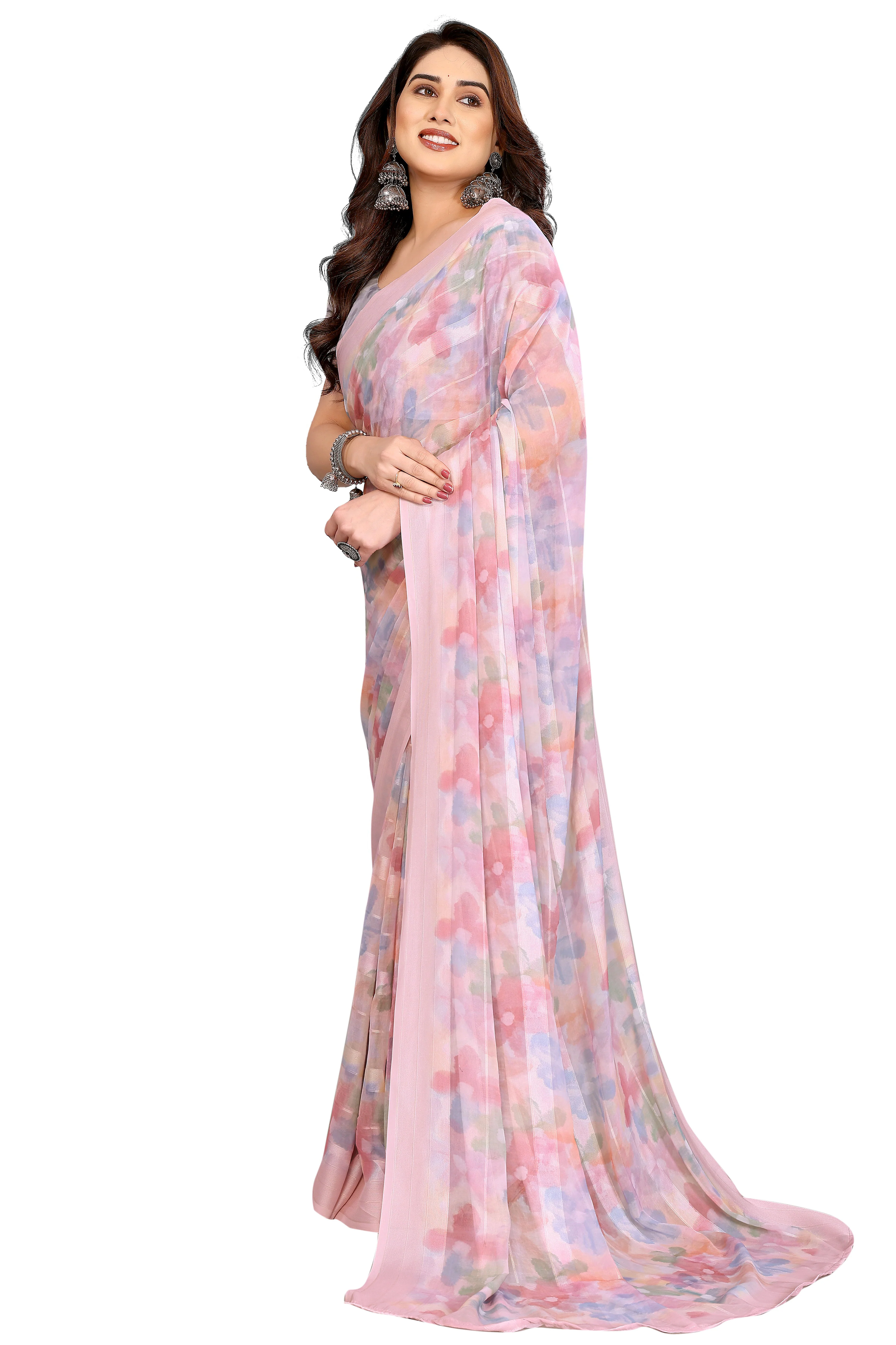 Classic Light Pink Floral Digital Print Georgette Saree With Refined Zari & Stylish Striped - Image 4