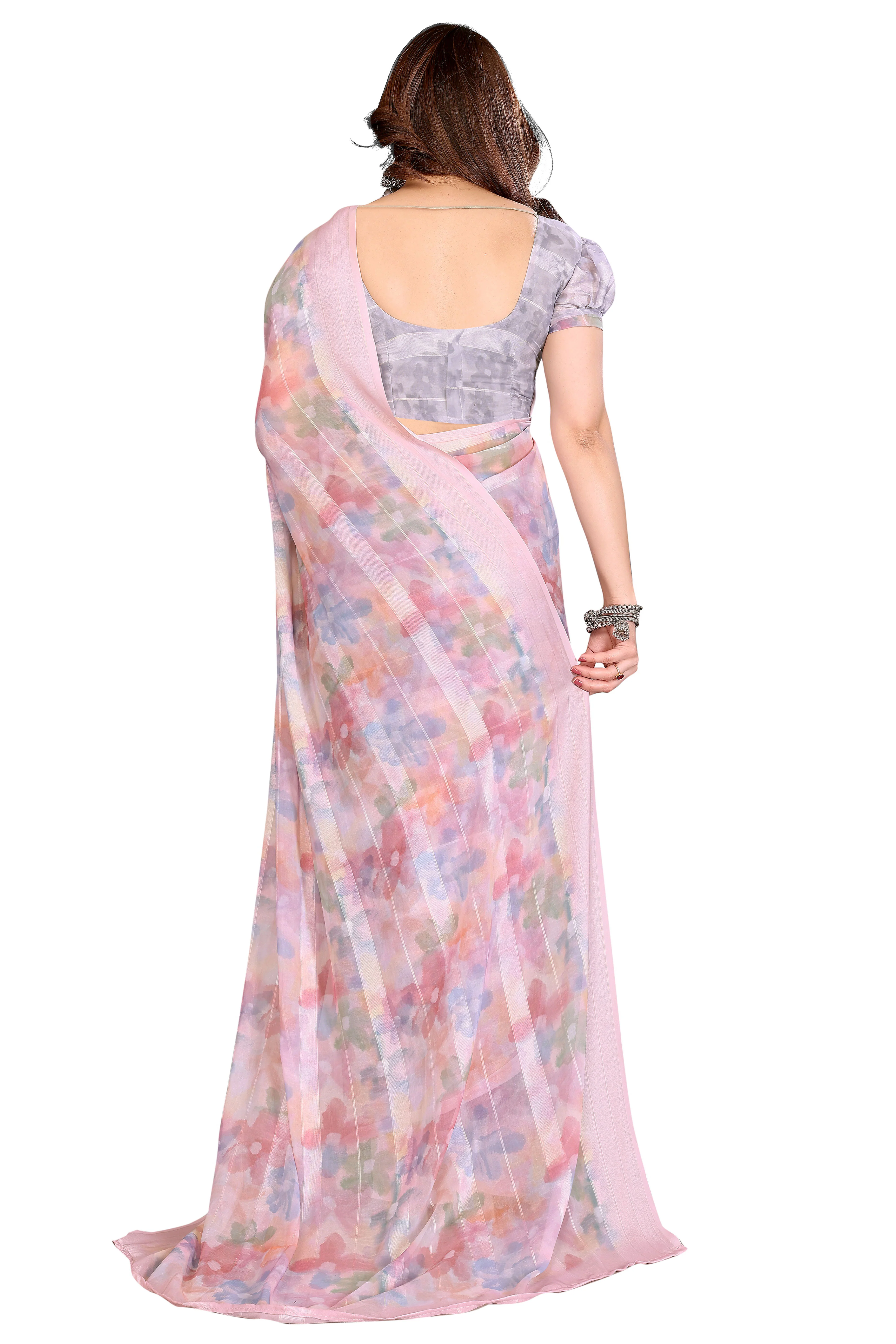 Classic Light Pink Floral Digital Print Georgette Saree With Refined Zari & Stylish Striped - Image 5