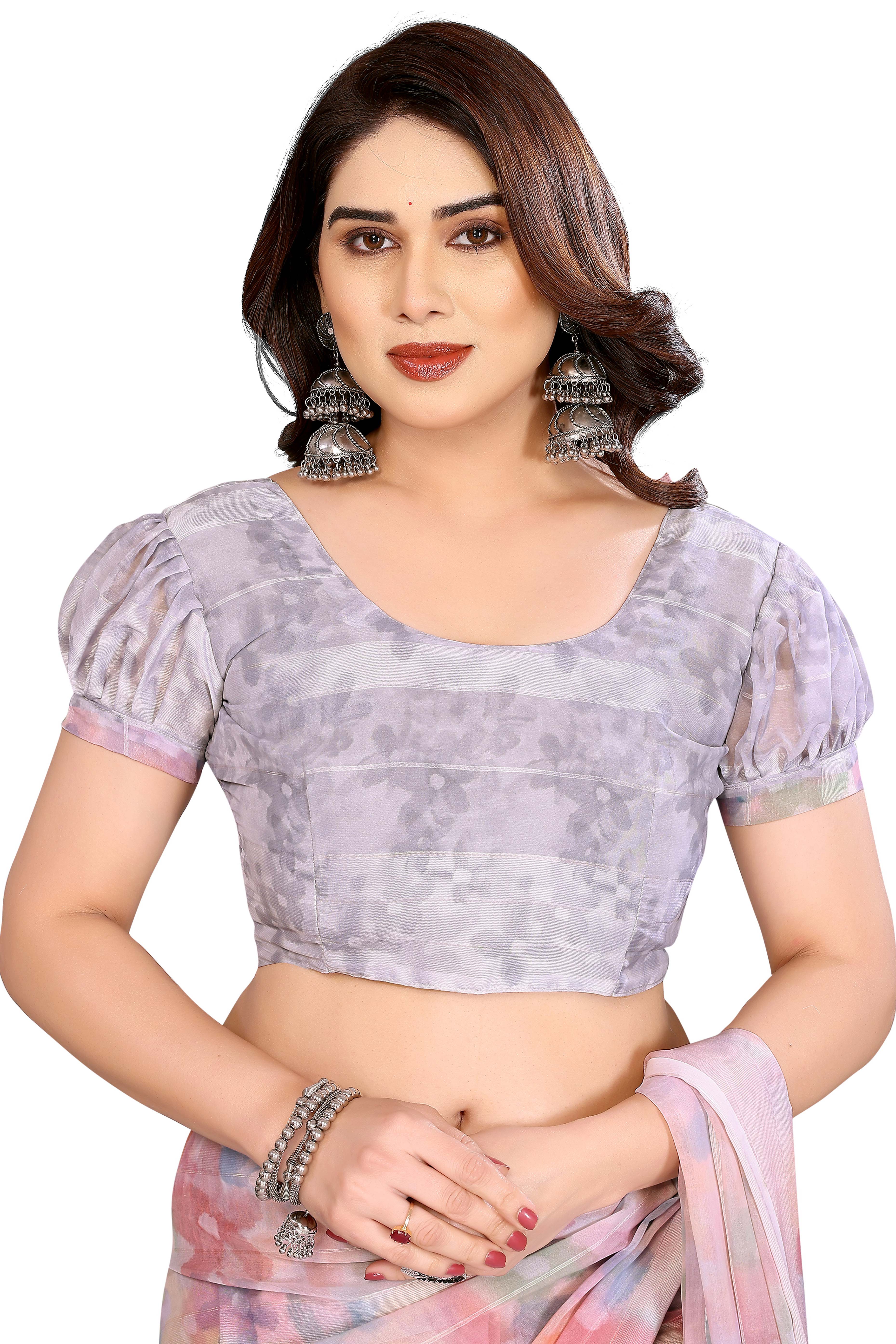 Classic Light Pink Floral Digital Print Georgette Saree With Refined Zari & Stylish Striped - Image 6