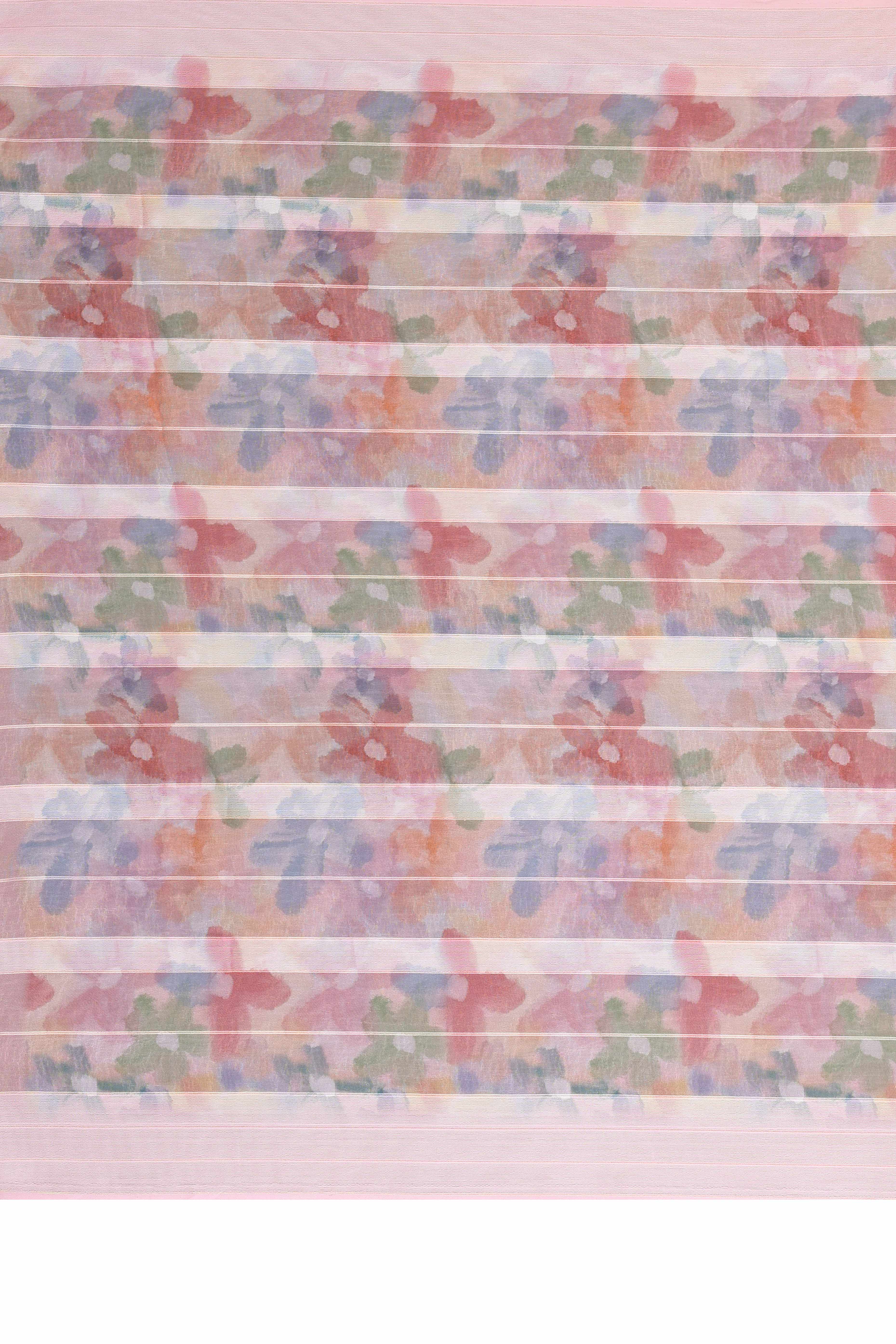 Classic Light Pink Floral Digital Print Georgette Saree With Refined Zari & Stylish Striped - Image 7