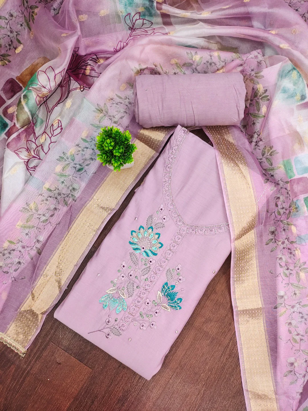 Classic Light Purple Floral Embroidered Cotton Silk Dress Material Featuring Elegant Handwork - Image 3