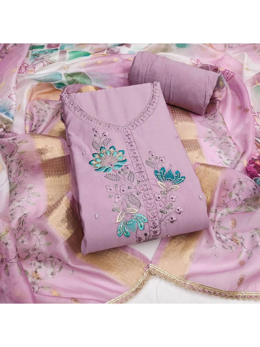 Classic Light Purple Floral Embroidered Cotton Silk Dress Material Featuring Elegant Handwork - Image 4