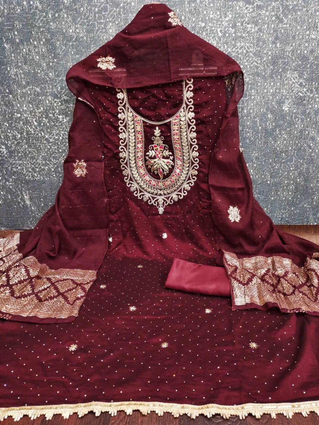 Classic Maroon Floral Cording Embroidered Vichitra Silk Dress Material With Sequins & Swarovski Work - Image 6