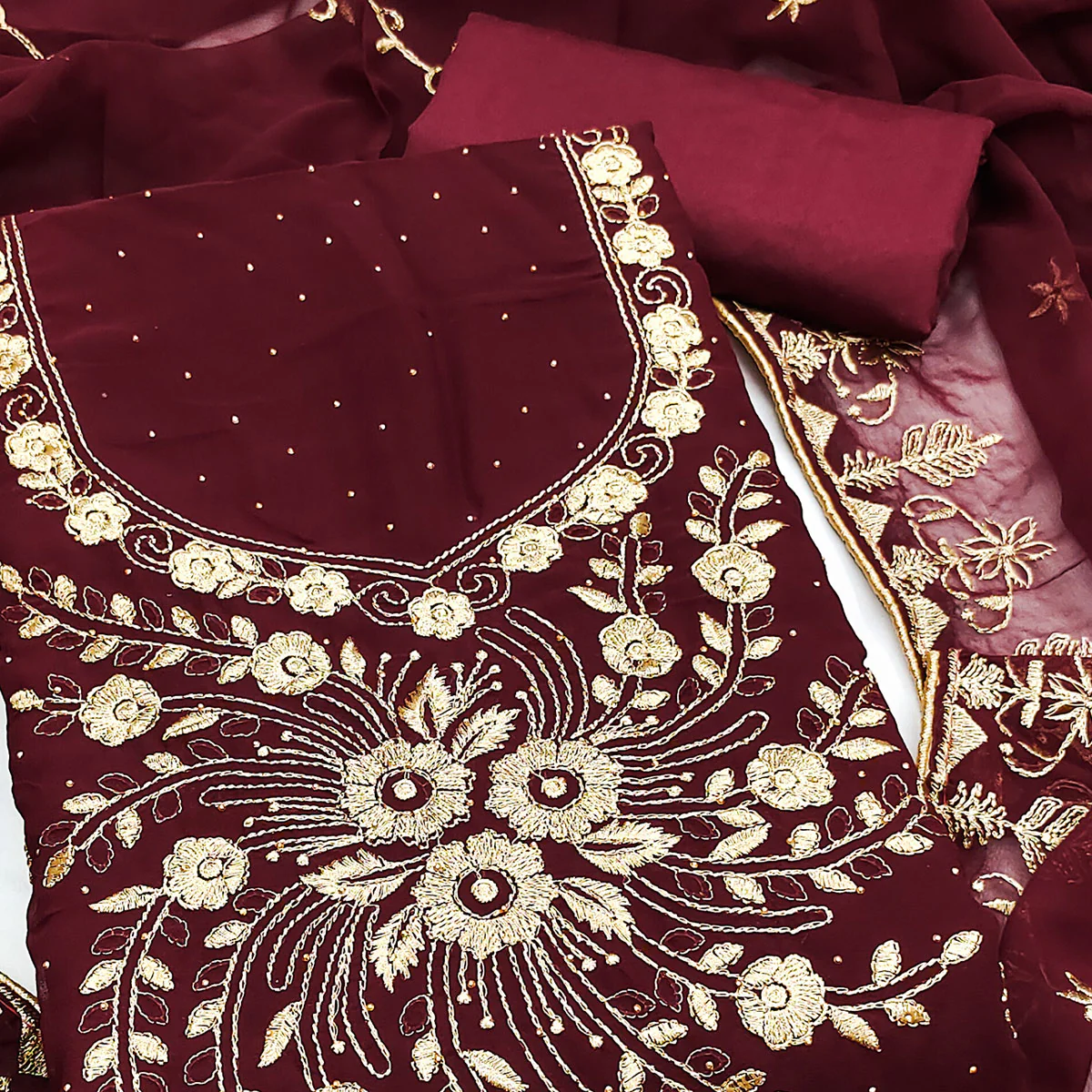 Classic Maroon Floral Embroidery Georgette Dress Material With Subtle Swarovski Embellishments - Image 2