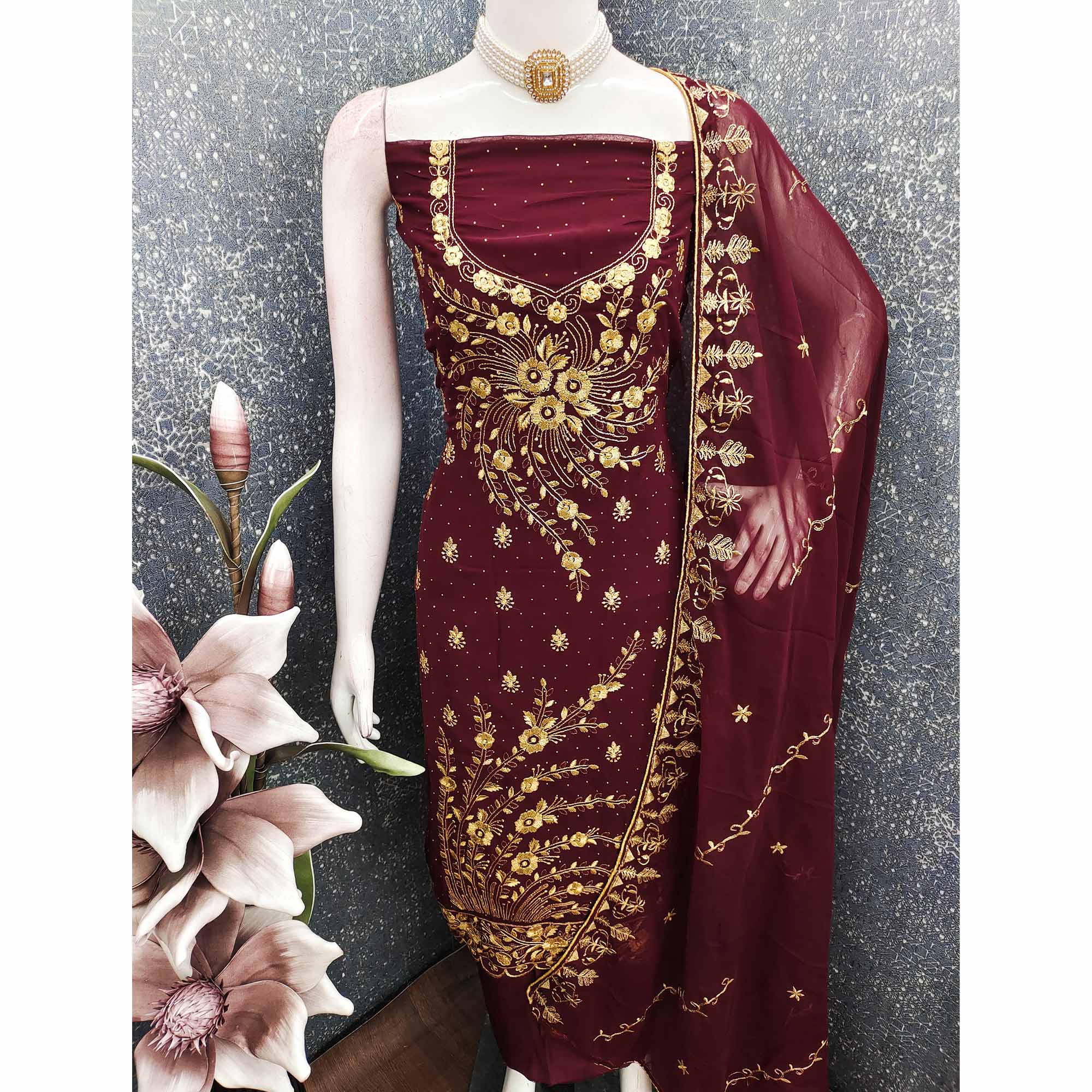 Classic Maroon Floral Embroidery Georgette Dress Material With Subtle Swarovski Embellishments - Image 5