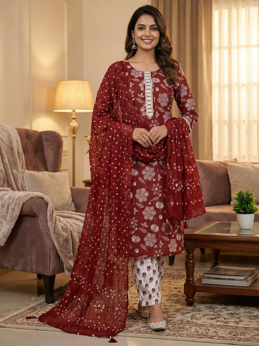 Classic Maroon Floral Printed Pure Cotton Dress Material With Embroidered Neckline