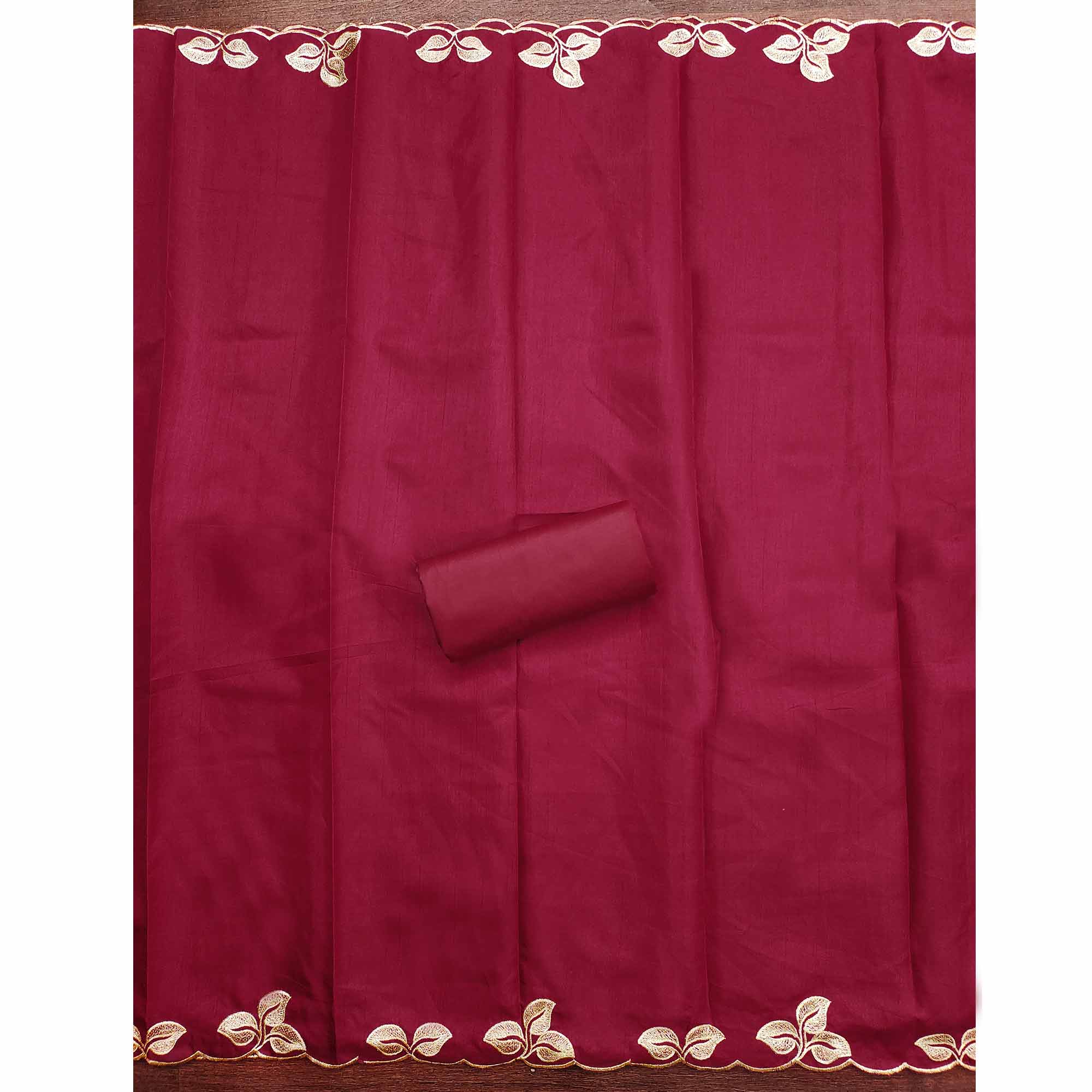 Classic Maroon Heavy Embroidered Cotton Blend Dress Material With Floral Thread Detailing - Image 4