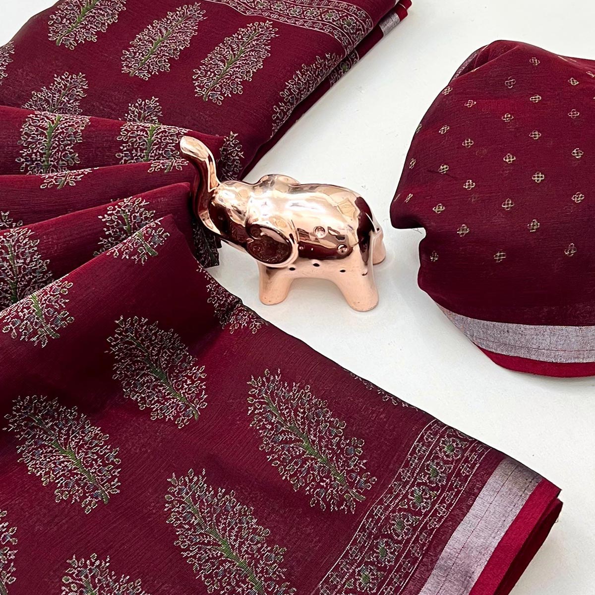 Classic Maroon Linen Cotton Saree Featuring Floral Ajrakh Print & Rich Silver Zari Border - Image 2