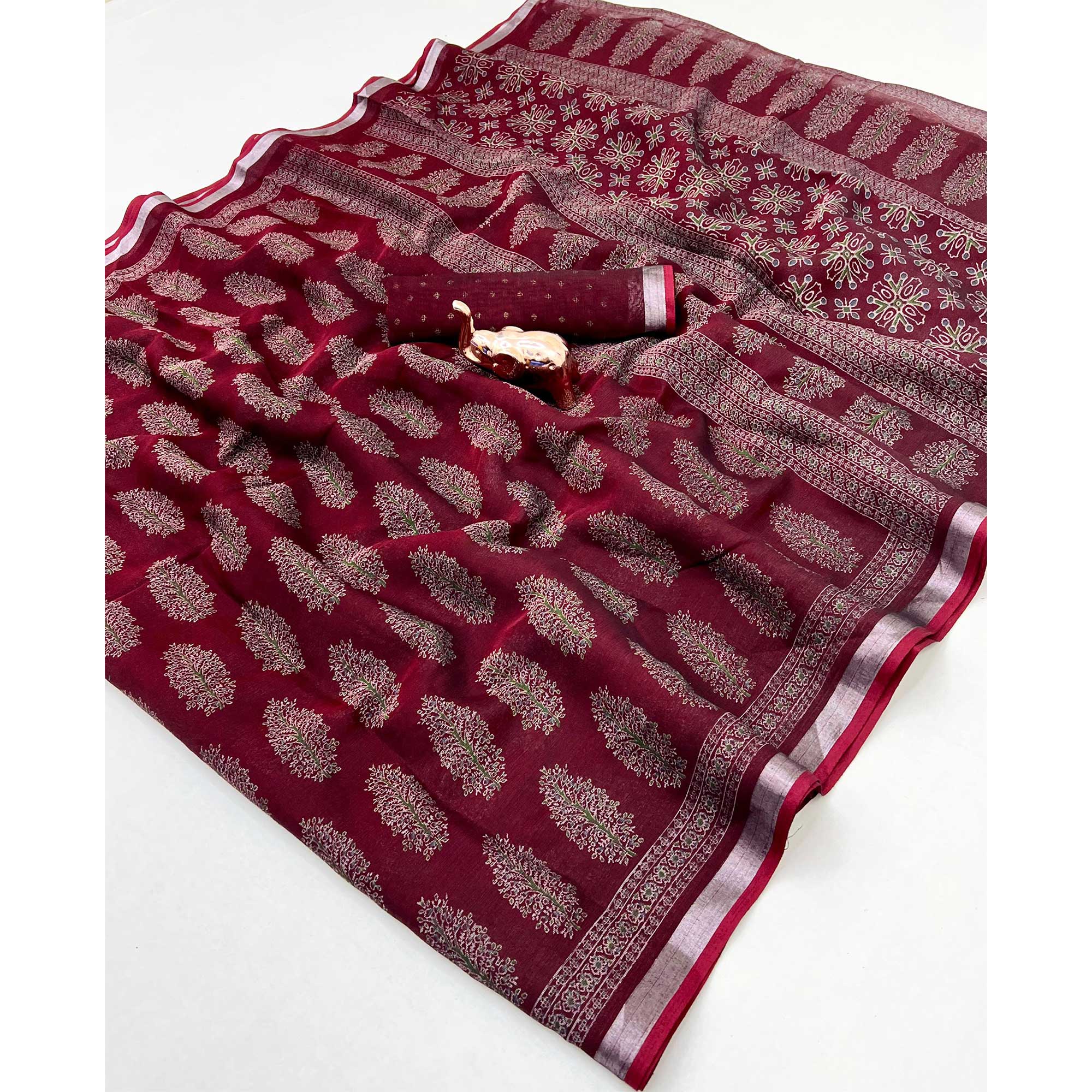Classic Maroon Linen Cotton Saree Featuring Floral Ajrakh Print & Rich Silver Zari Border - Image 3