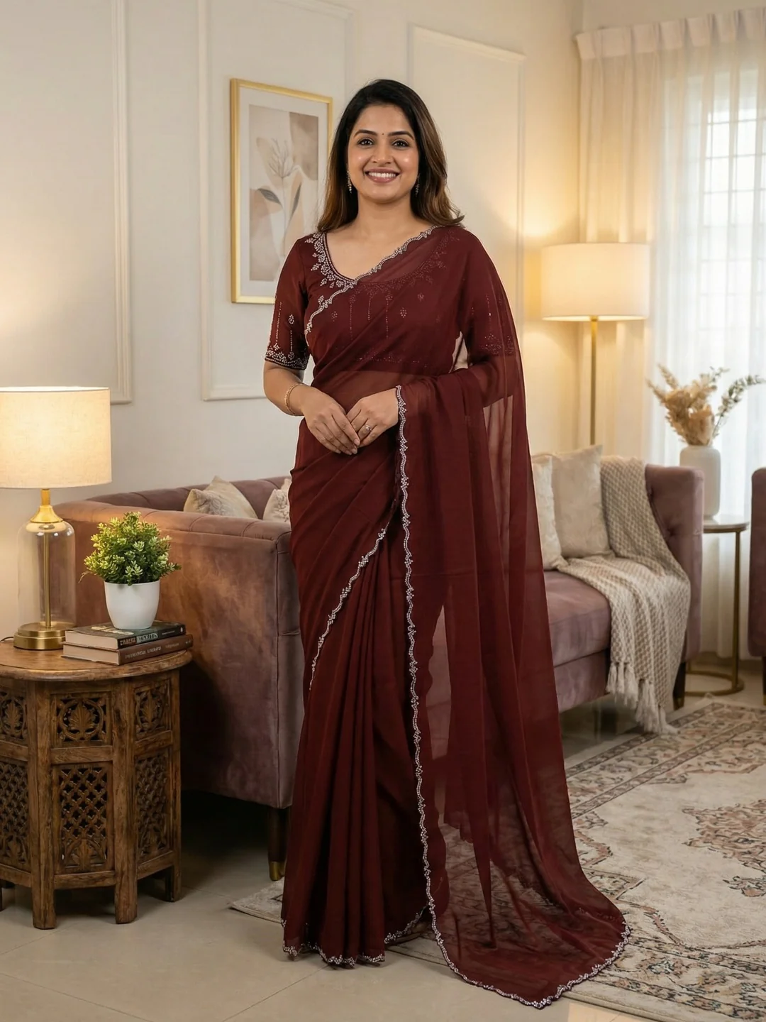 Classic Maroon Solid Chiffon Saree Featuring Subtle Stone Work Border Detailing