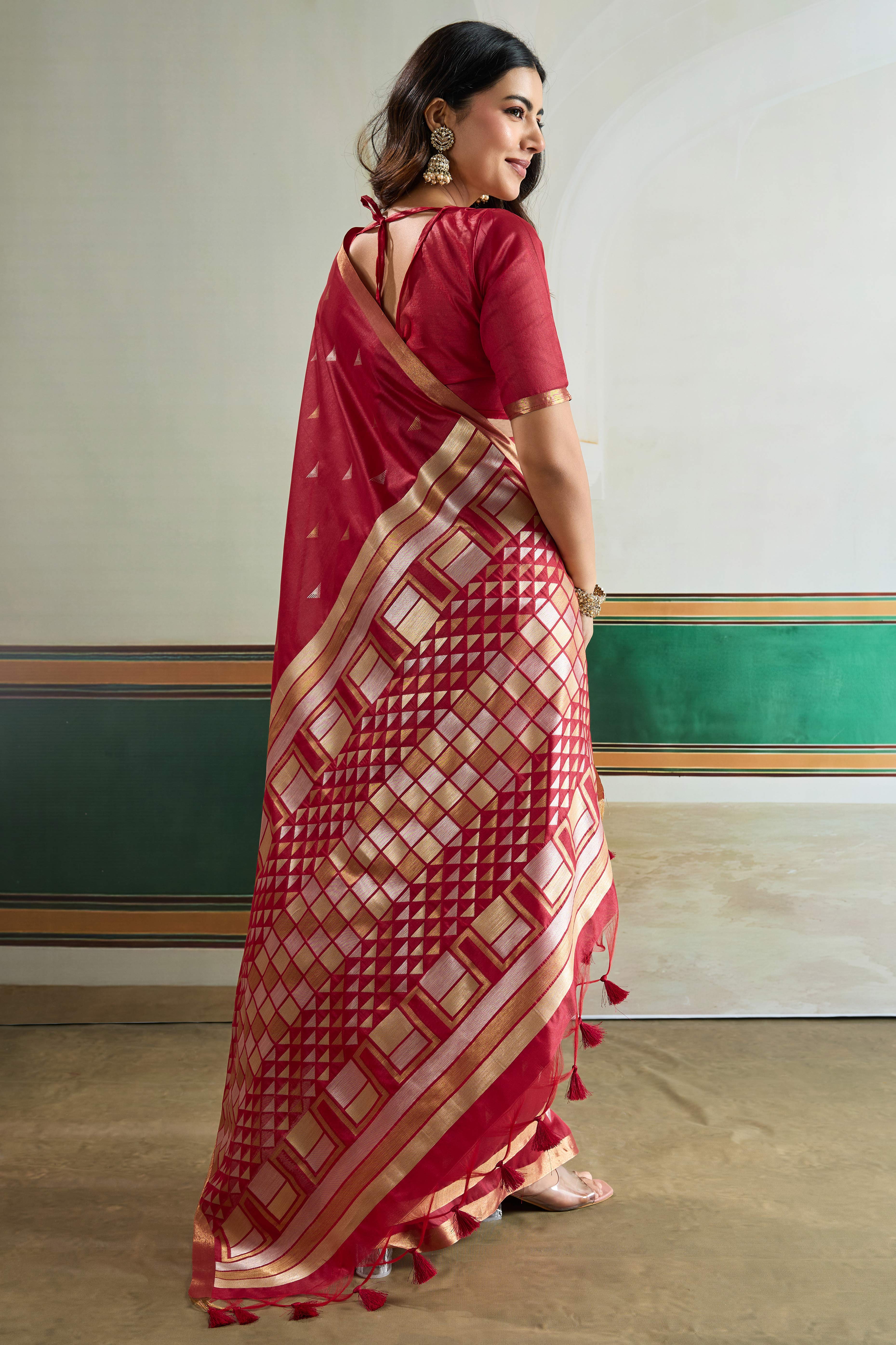 Classic Maroon Tussar Silk Saree Showcasing Rich Geometric Weaving & Trendy Tassel Pallu - Image 5