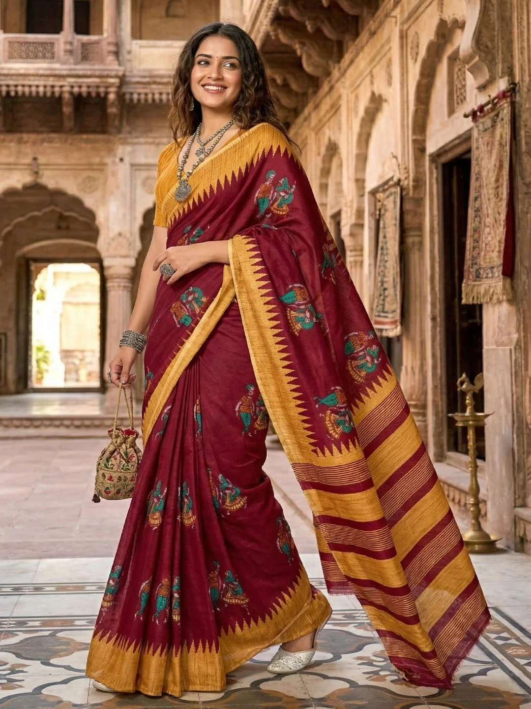 Classic Maroon Warli Inspired Printed Mulmul Cotton Saree With Artistic Striped Design Pallu