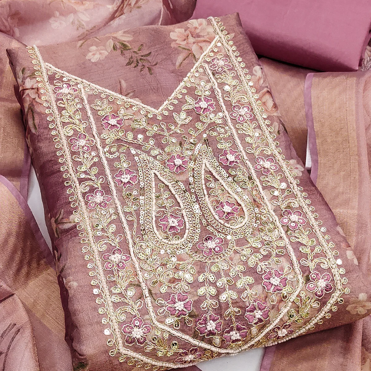 Classic Mauve Floral Digital Printed Viscose Dress Material With Sequins Embroidery & Moti Handwork - Image 2
