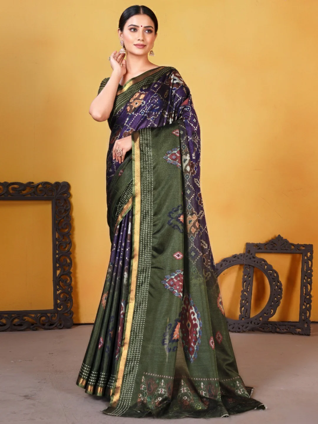 Classic Mehendi Green & Purple Digital Patola Printed Silk Blend Saree With Fine Zari Woven Border