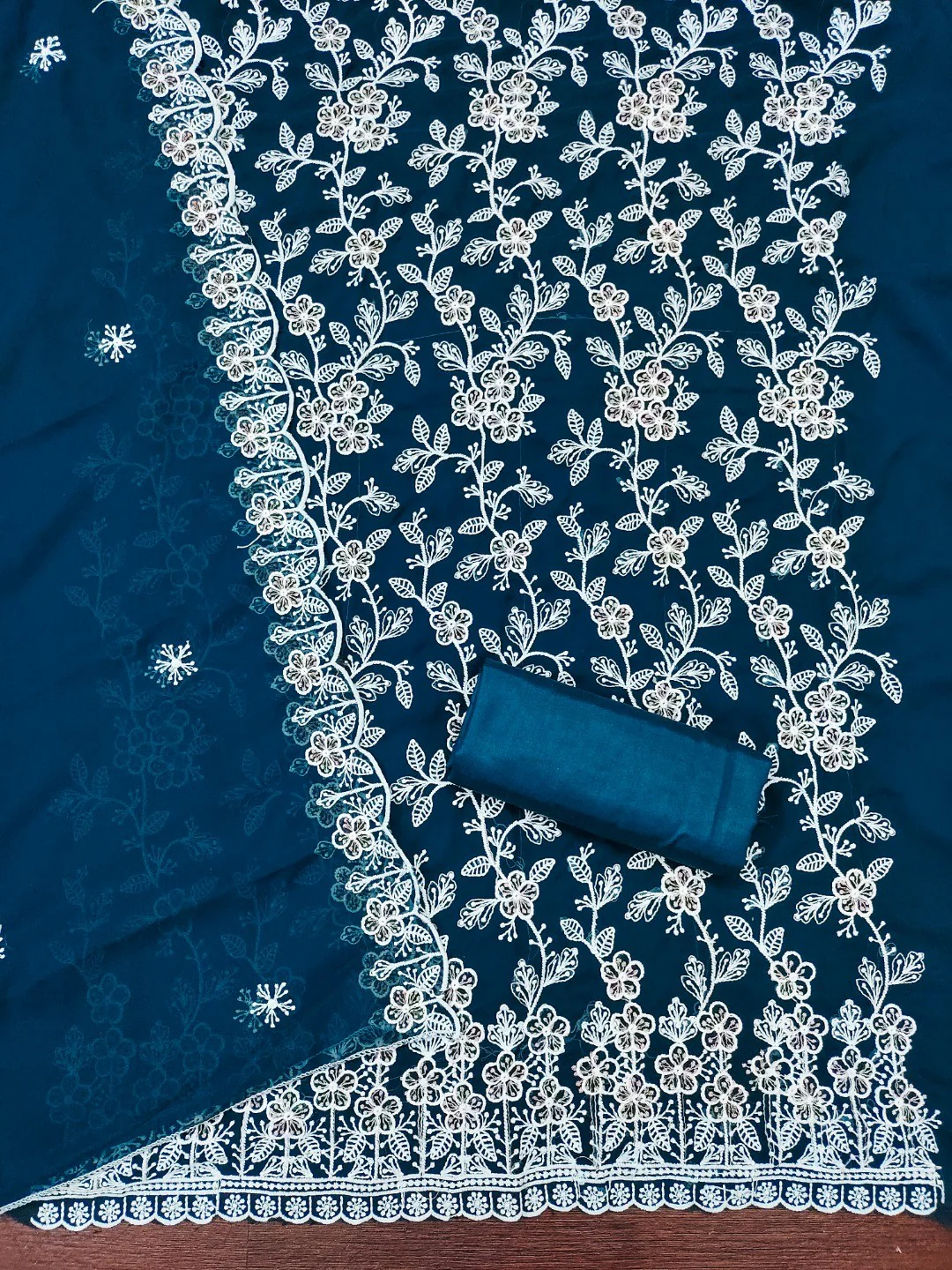 Classic Morpich Blue Floral Thread Embroidery Georgette Dress Material For Timeless Ethnic Wear - Image 3