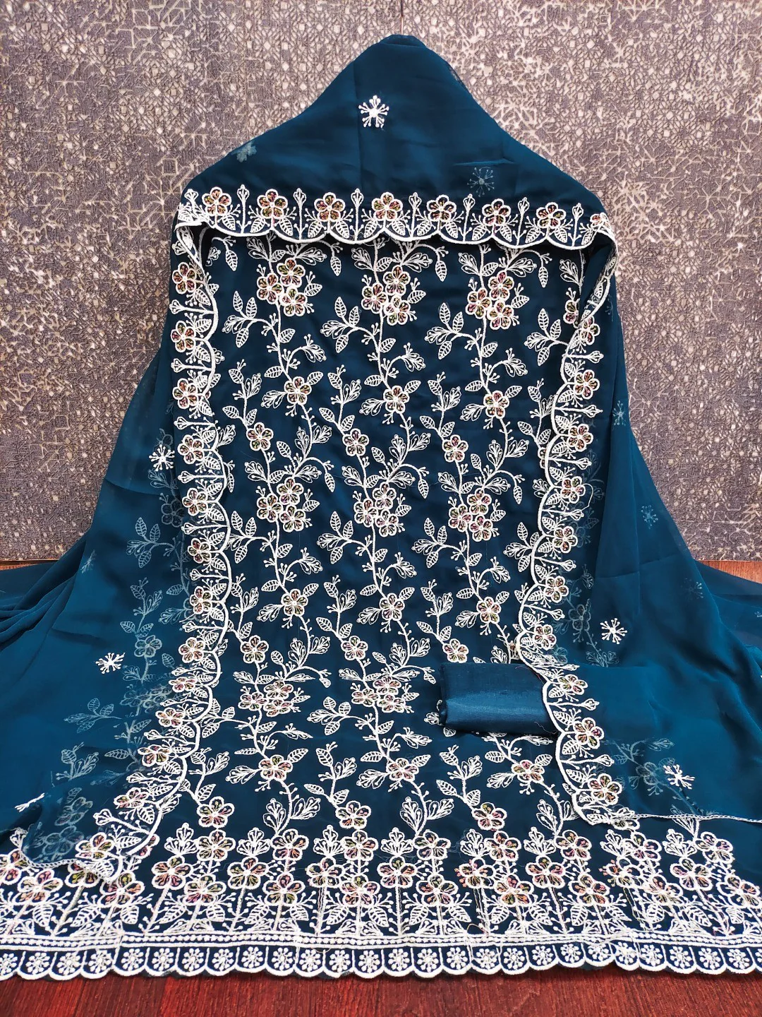 Classic Morpich Blue Floral Thread Embroidery Georgette Dress Material For Timeless Ethnic Wear - Image 5