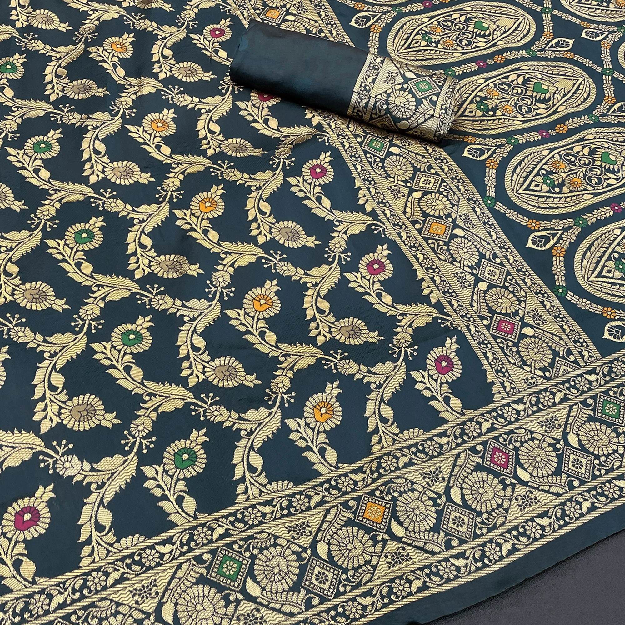 Classic Morpich Blue Silk Banarasi Saree Showcasing Delicate Floral Zari Weaving - Image 2