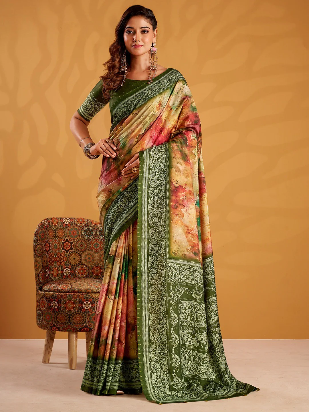 Classic Multicolor Tussar Silk Saree Highlighted by Detailed Floral Digital Print Design