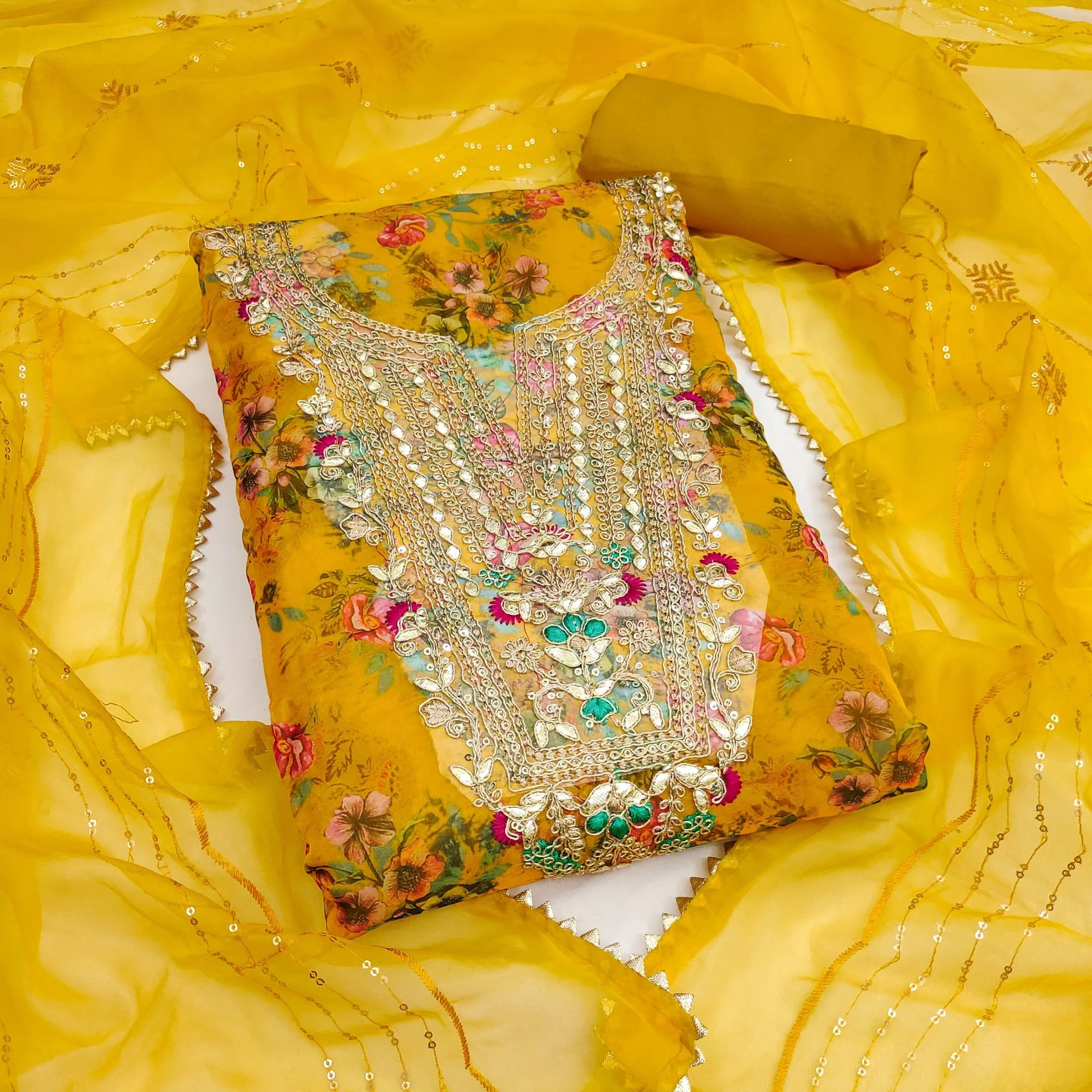 Classic Mustard Floral Digital Printed Organza Dress Material With Designer Cording Embroidery - Image 2