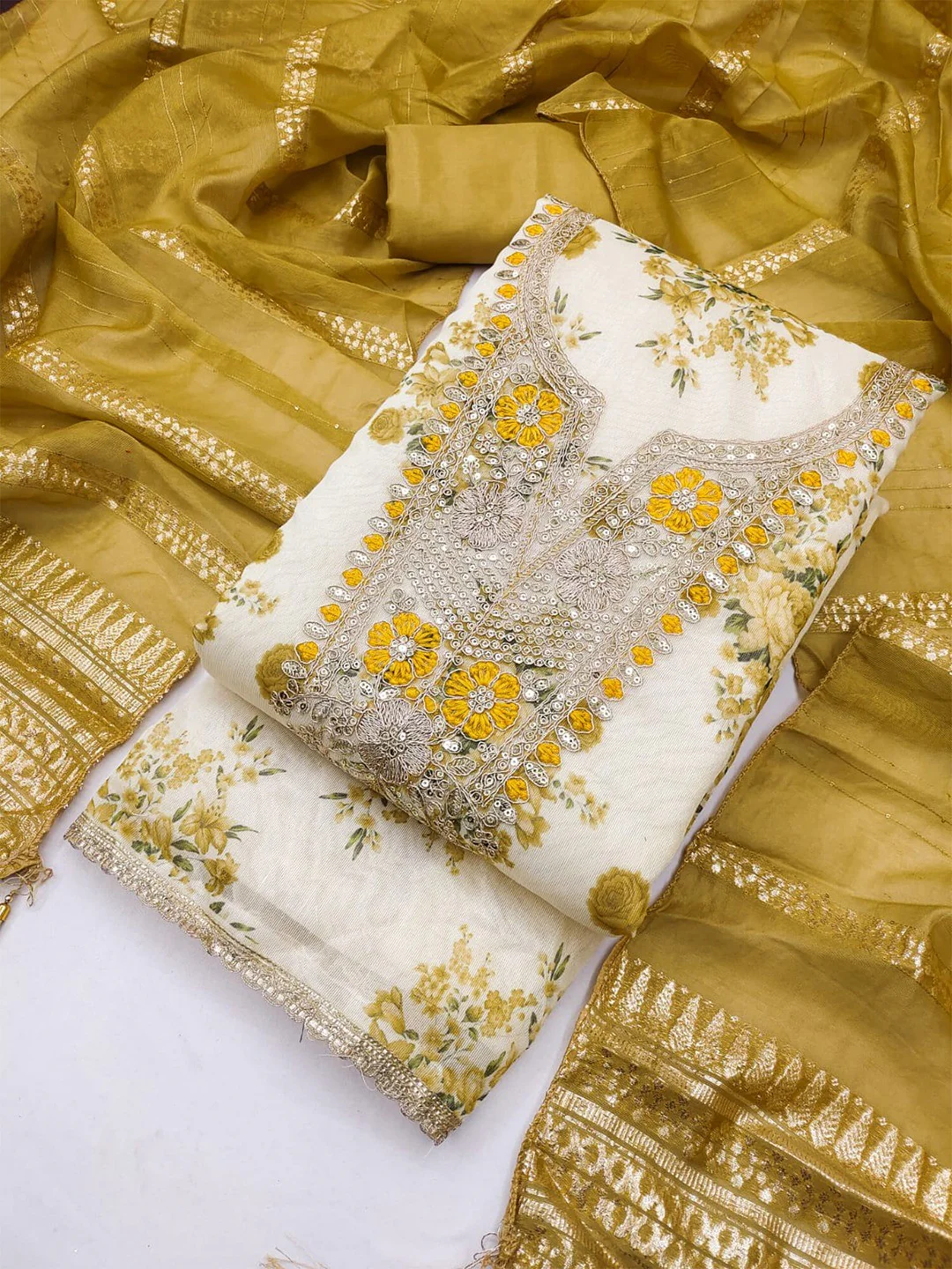 Classic Mustard Floral Printed With Cording Embroidered Shimmer Dress Material - Image 4