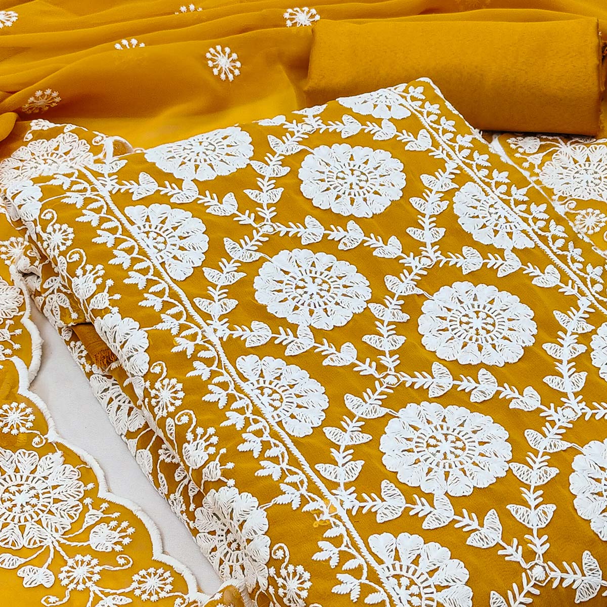 Classic Mustard Floral Thread Embroidered Georgette Dress Material With Timeless Appeal - Image 2