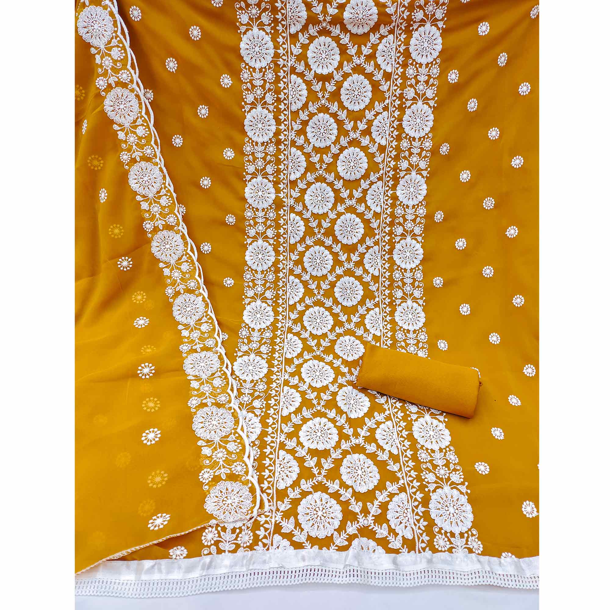 Classic Mustard Floral Thread Embroidered Georgette Dress Material With Timeless Appeal - Image 3