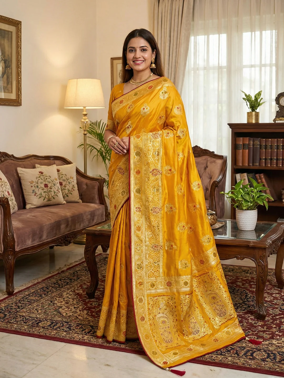 Classic Mustard Satin Saree Enhanced By Fine Weaving Craft & Sophisticated Stone Work