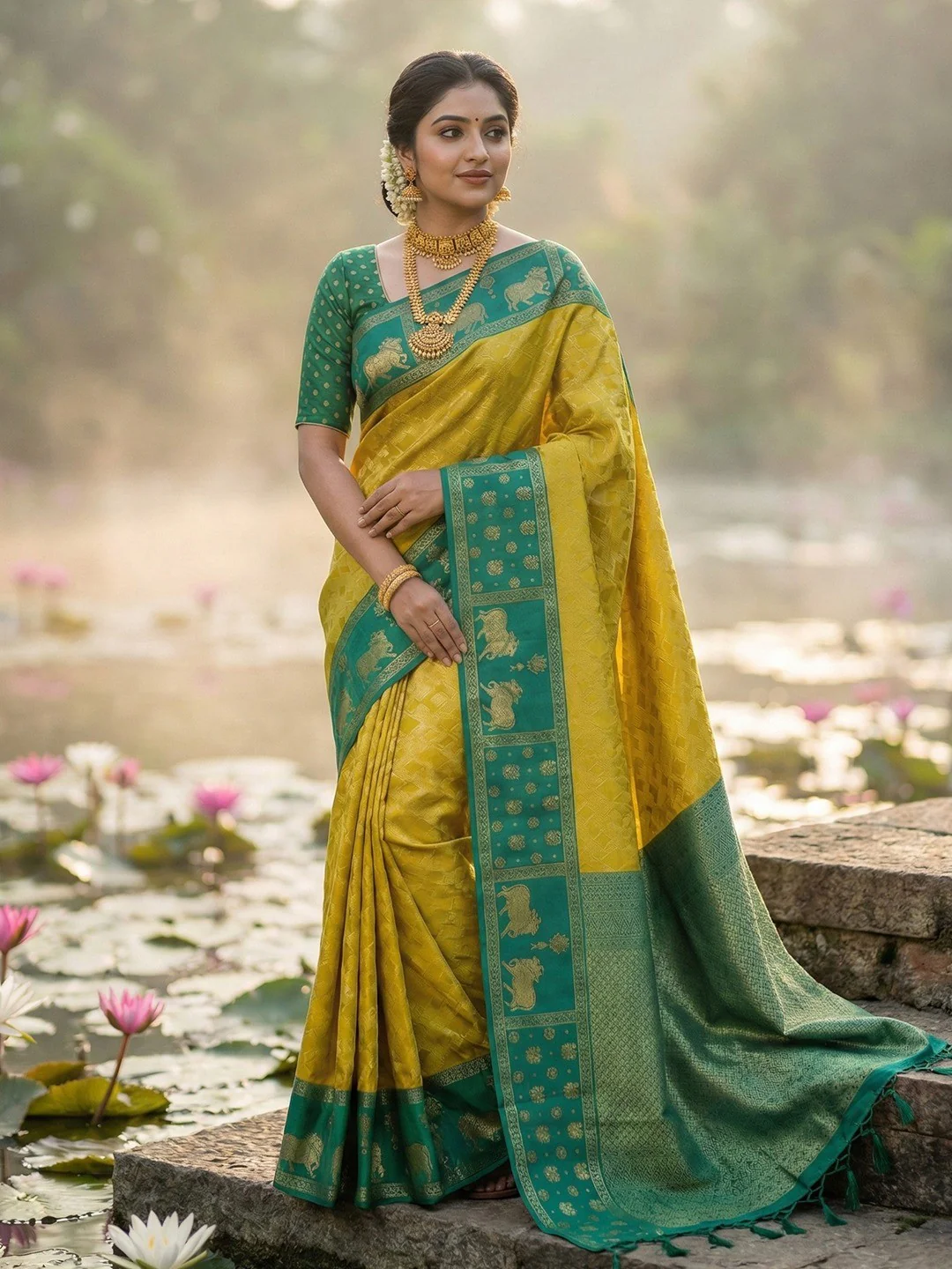 Classic Mustard Zari Woven Kanjivaram Silk Saree With Detailed Animal Motif Border & Tassel Pallu