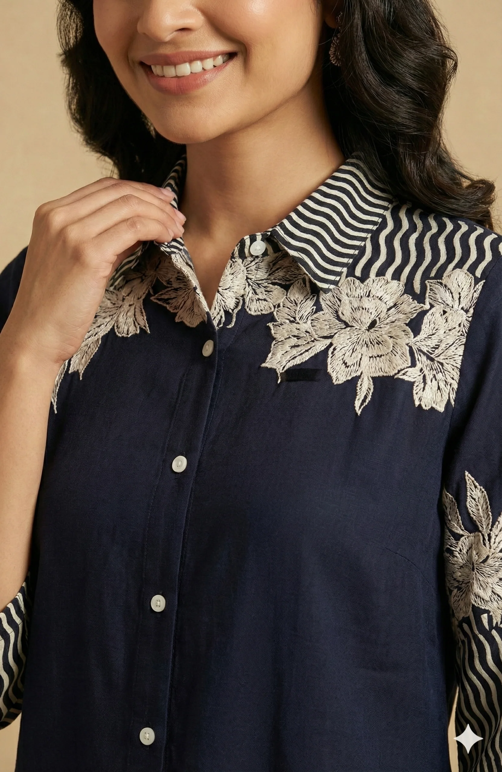 Classic Navy Blue Floral Printed Rayon Top Designed in a Comfortable Straight Fit - Image 2