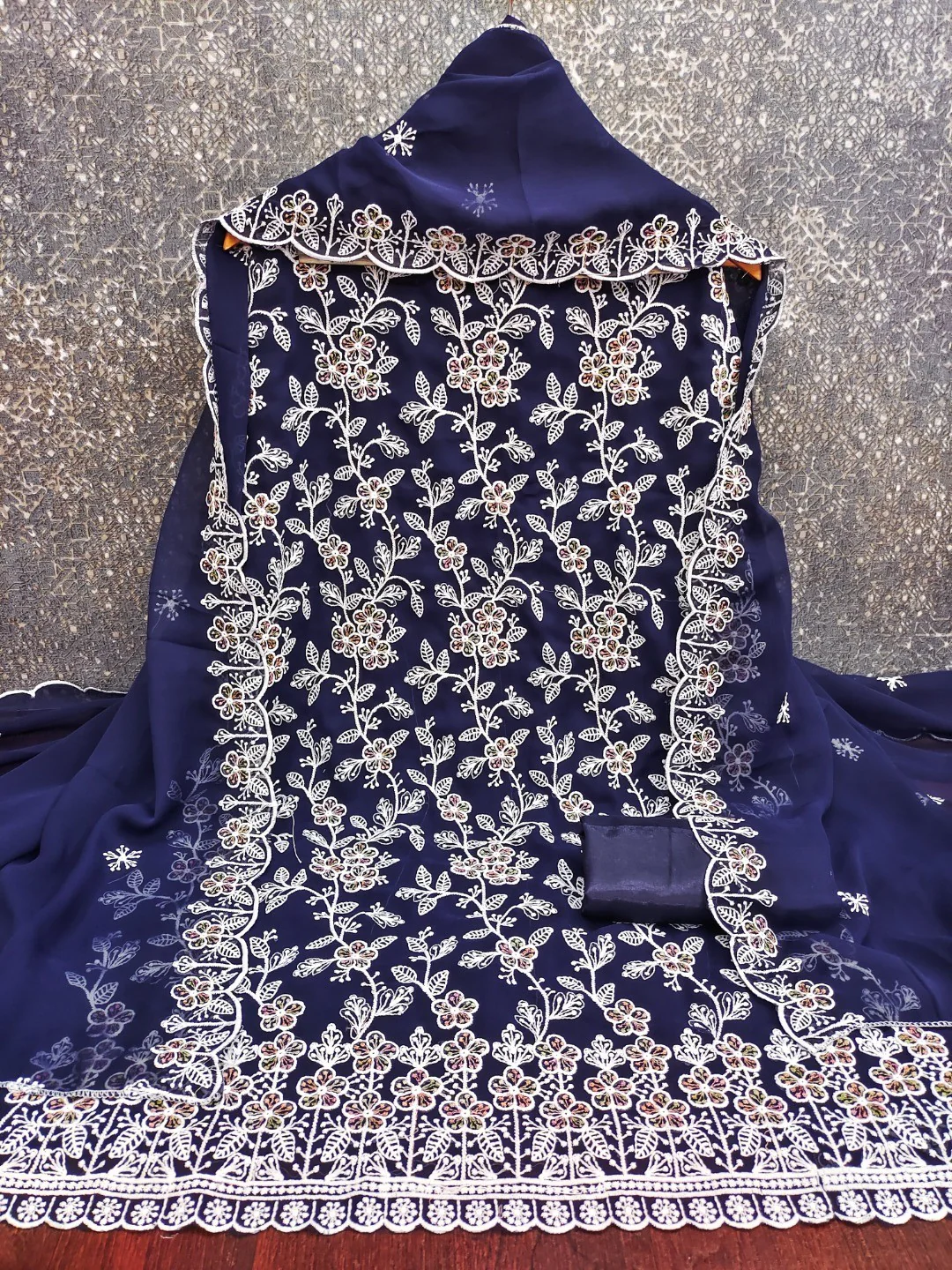 Classic Navy Blue Floral Thread Embroidery Georgette Dress Material For Timeless Ethnic Wear - Image 5