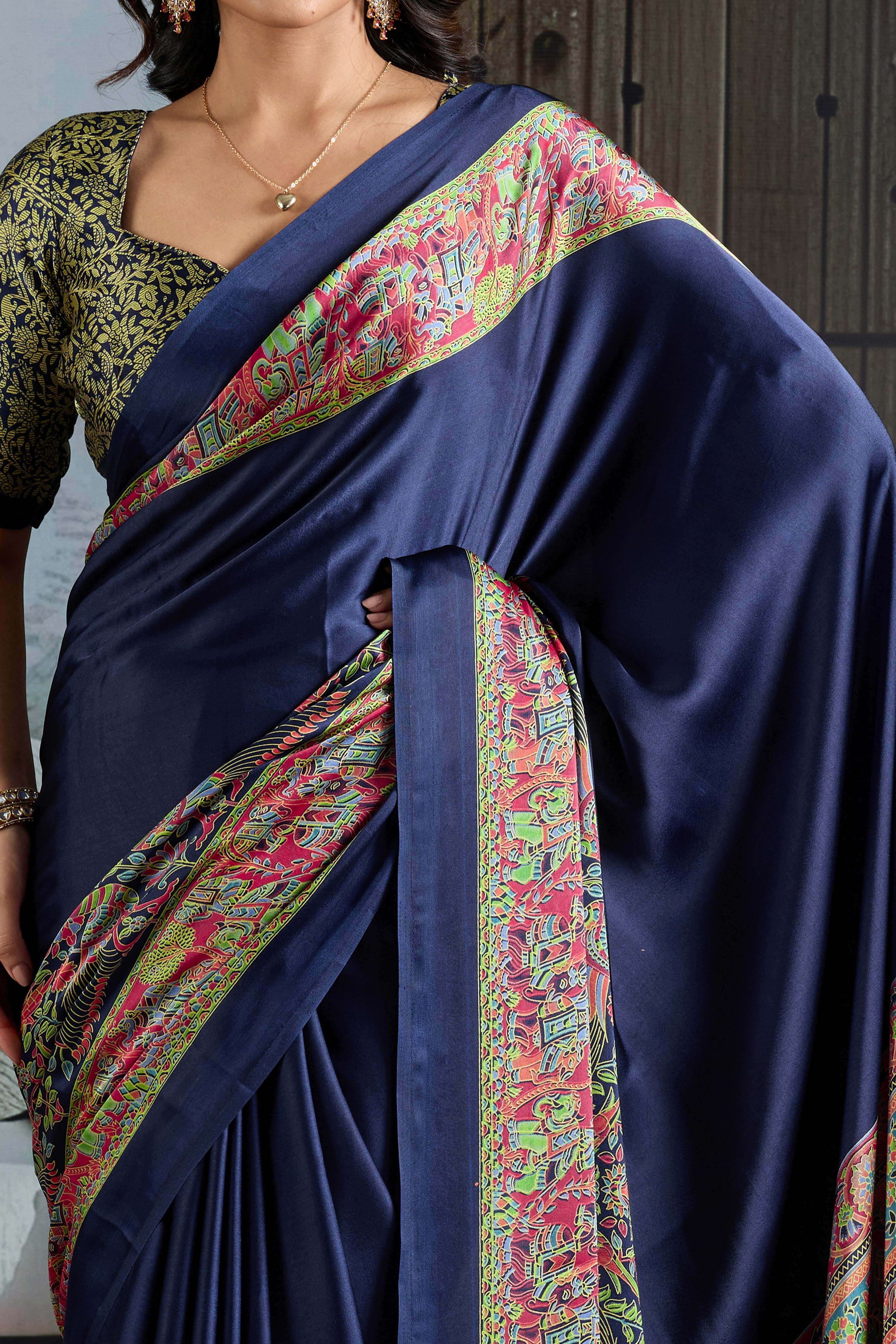 Classic Navy Blue Solid Modal Satin Saree With Multicolor Traditional Folk Art Print Border & Pallu - Image 2