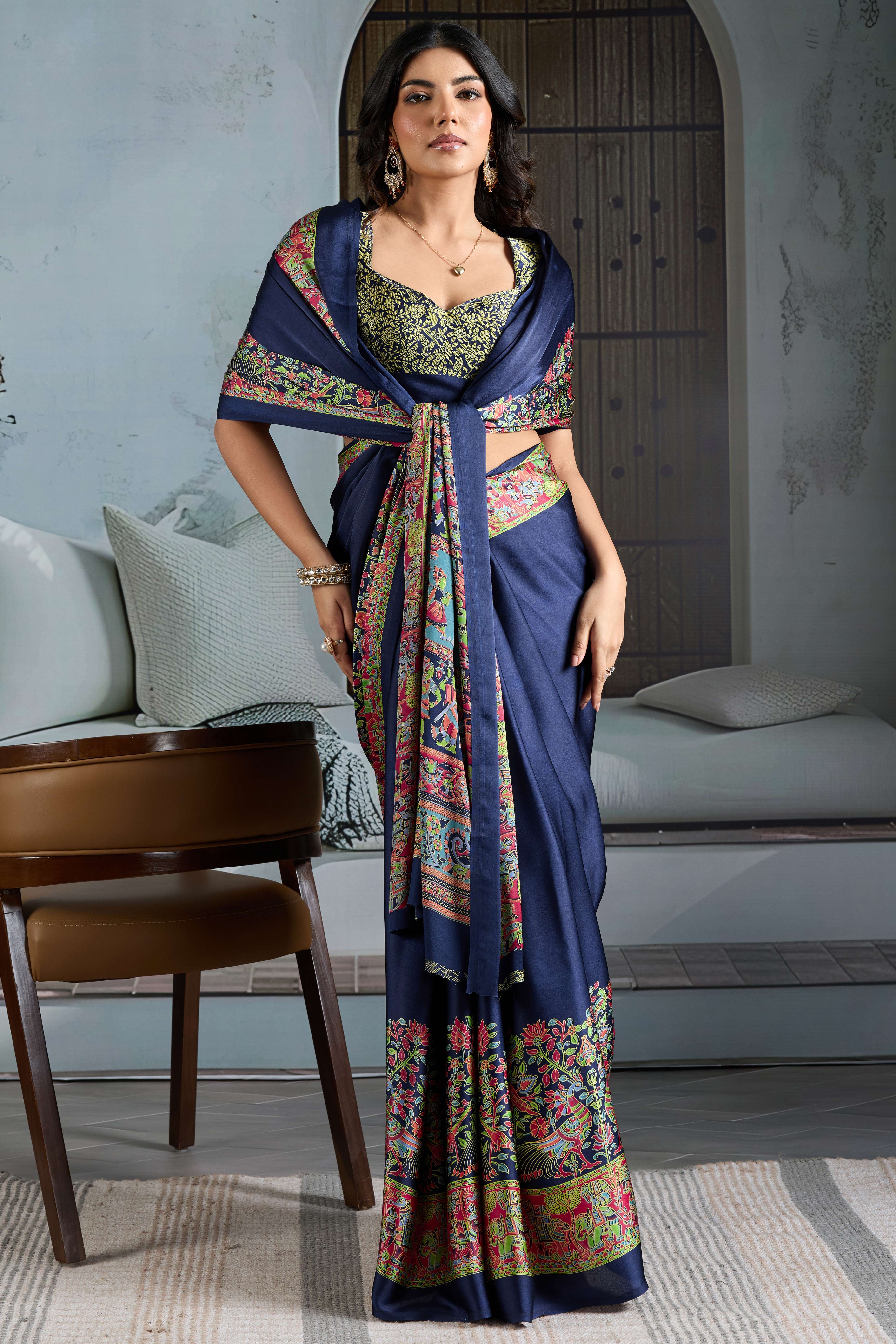 Classic Navy Blue Solid Modal Satin Saree With Multicolor Traditional Folk Art Print Border & Pallu - Image 3