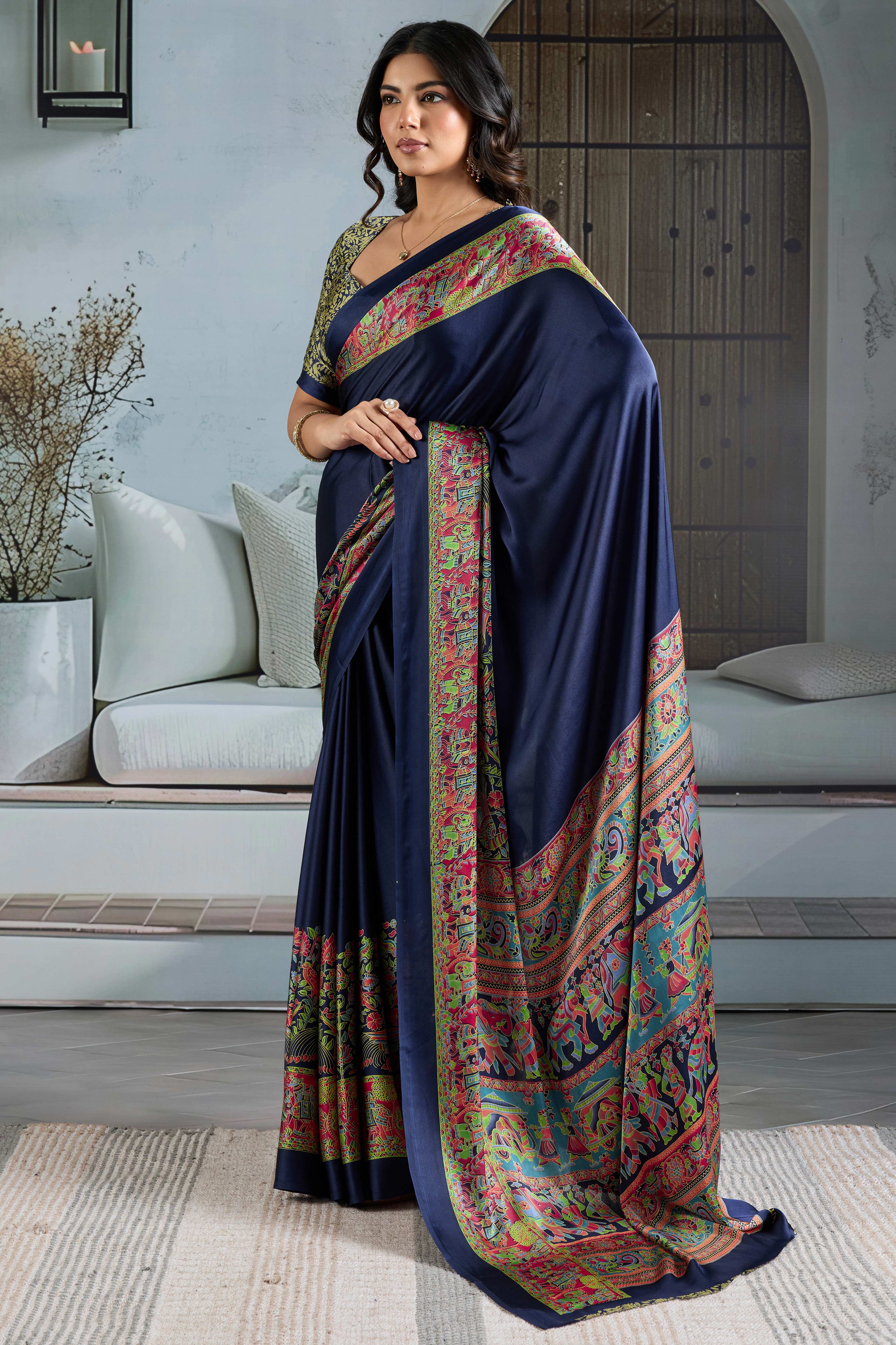 Classic Navy Blue Solid Modal Satin Saree With Multicolor Traditional Folk Art Print Border & Pallu - Image 4