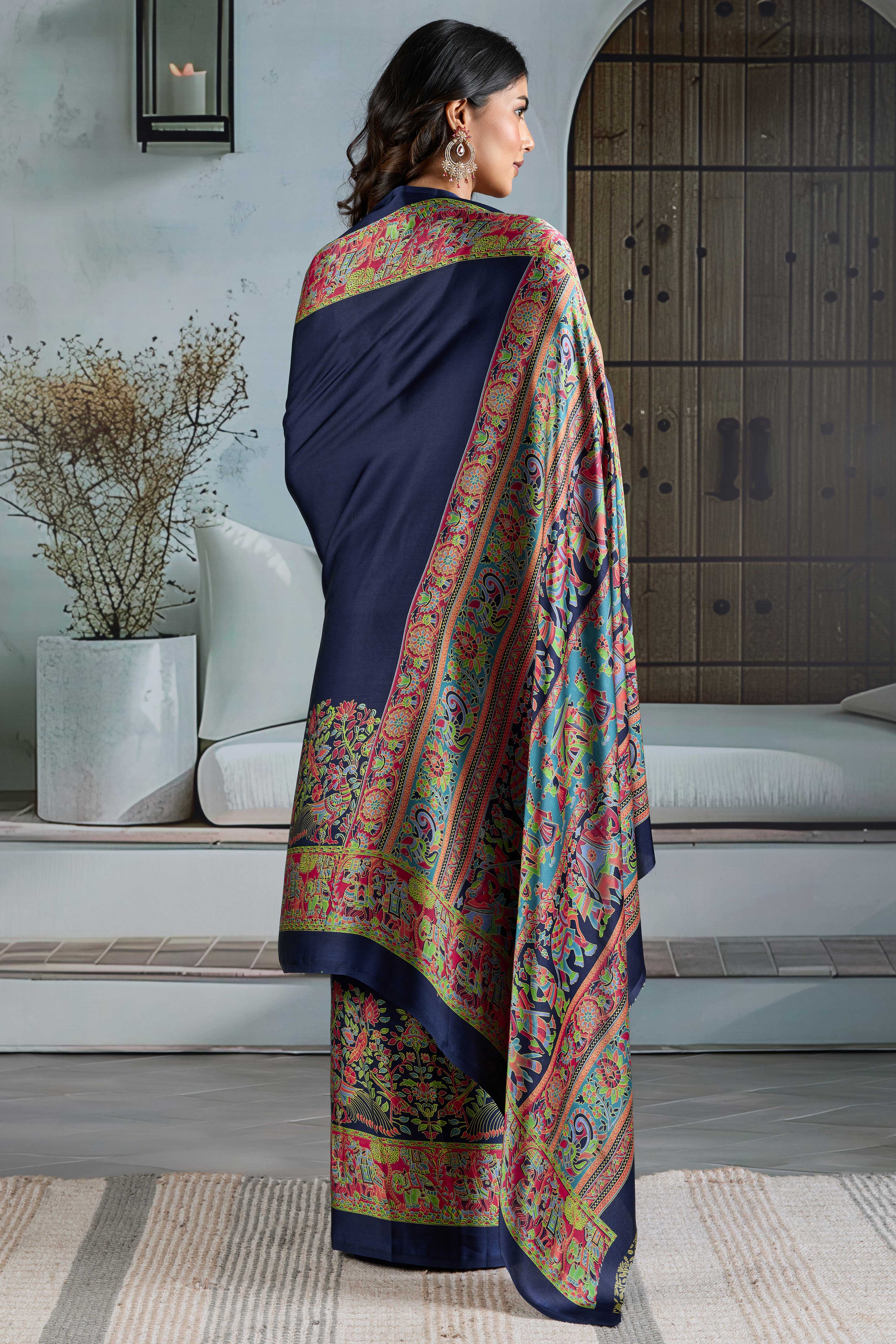 Classic Navy Blue Solid Modal Satin Saree With Multicolor Traditional Folk Art Print Border & Pallu - Image 5