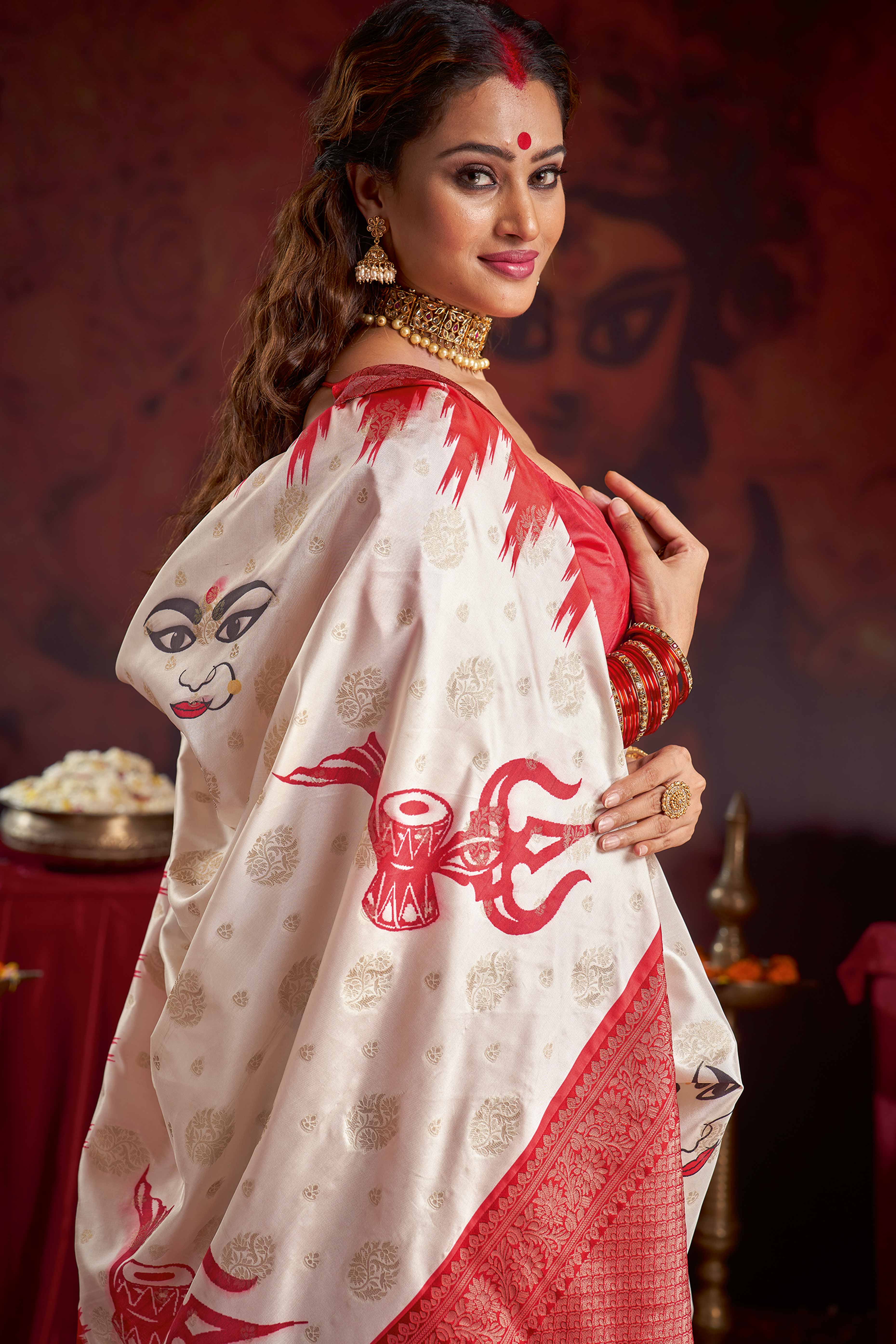 Classic Off White and Red Satin Saree Durga Festival Edition - Image 4