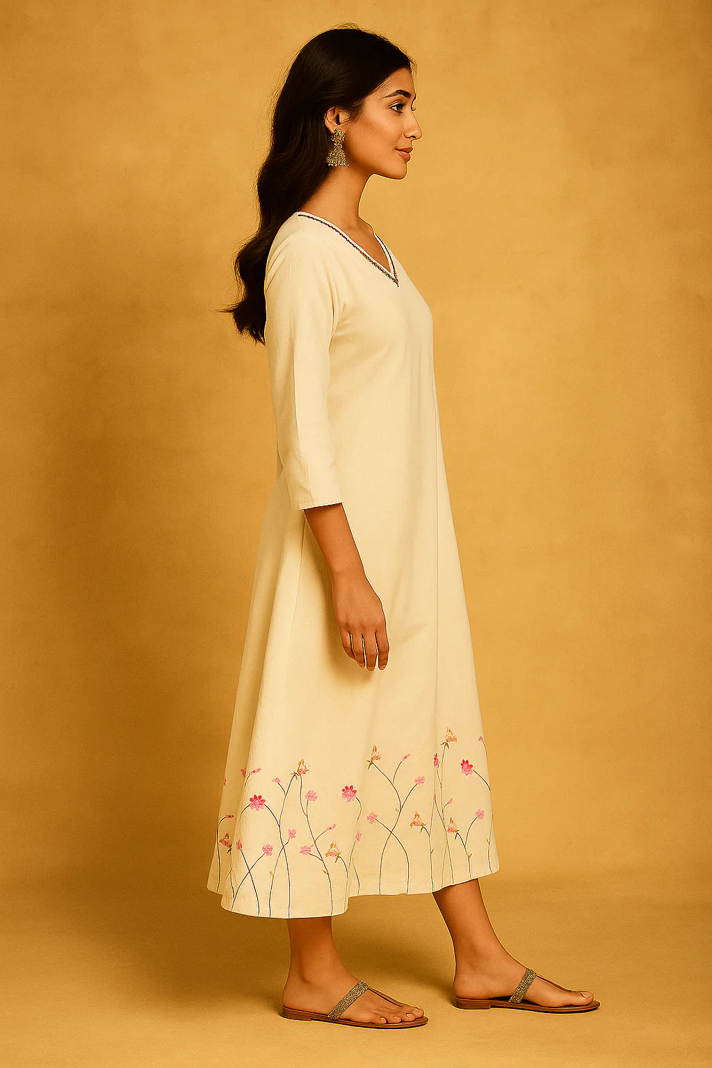 Classic Off White Cambric Cotton Dress with Feminine Floral Embroidery - Image 4