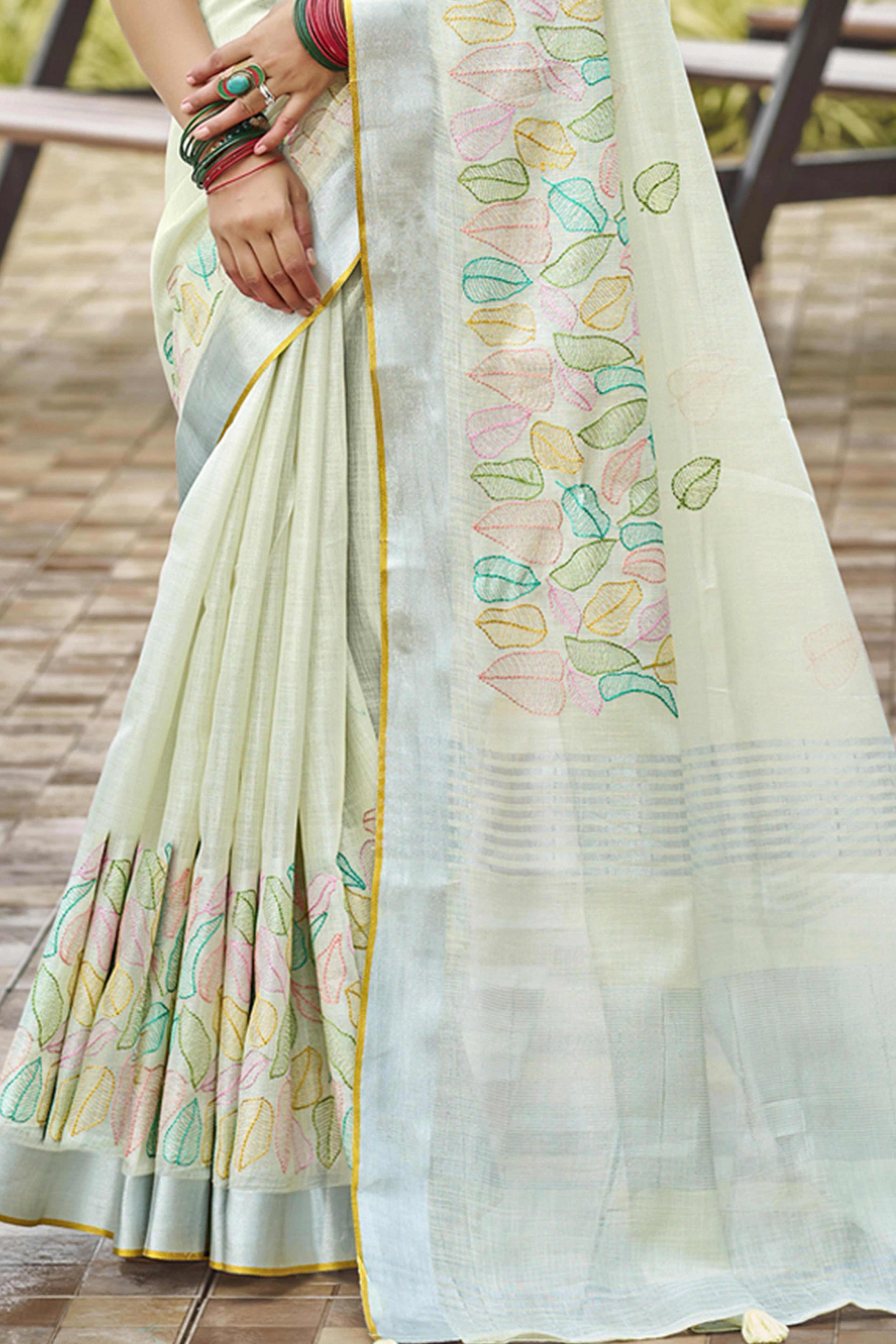 Classic Offwhite Leaf Pattern Thread Embroidery Work Linen Saree With Tassel Pallu - Image 5