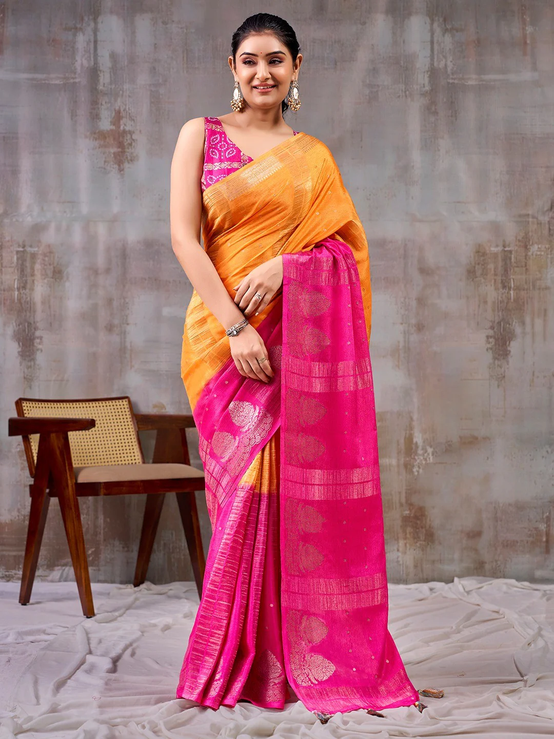 Classic Orange And Pink Floral Weaving Jacquard Chinon Half & Half Saree With Timeless Charm