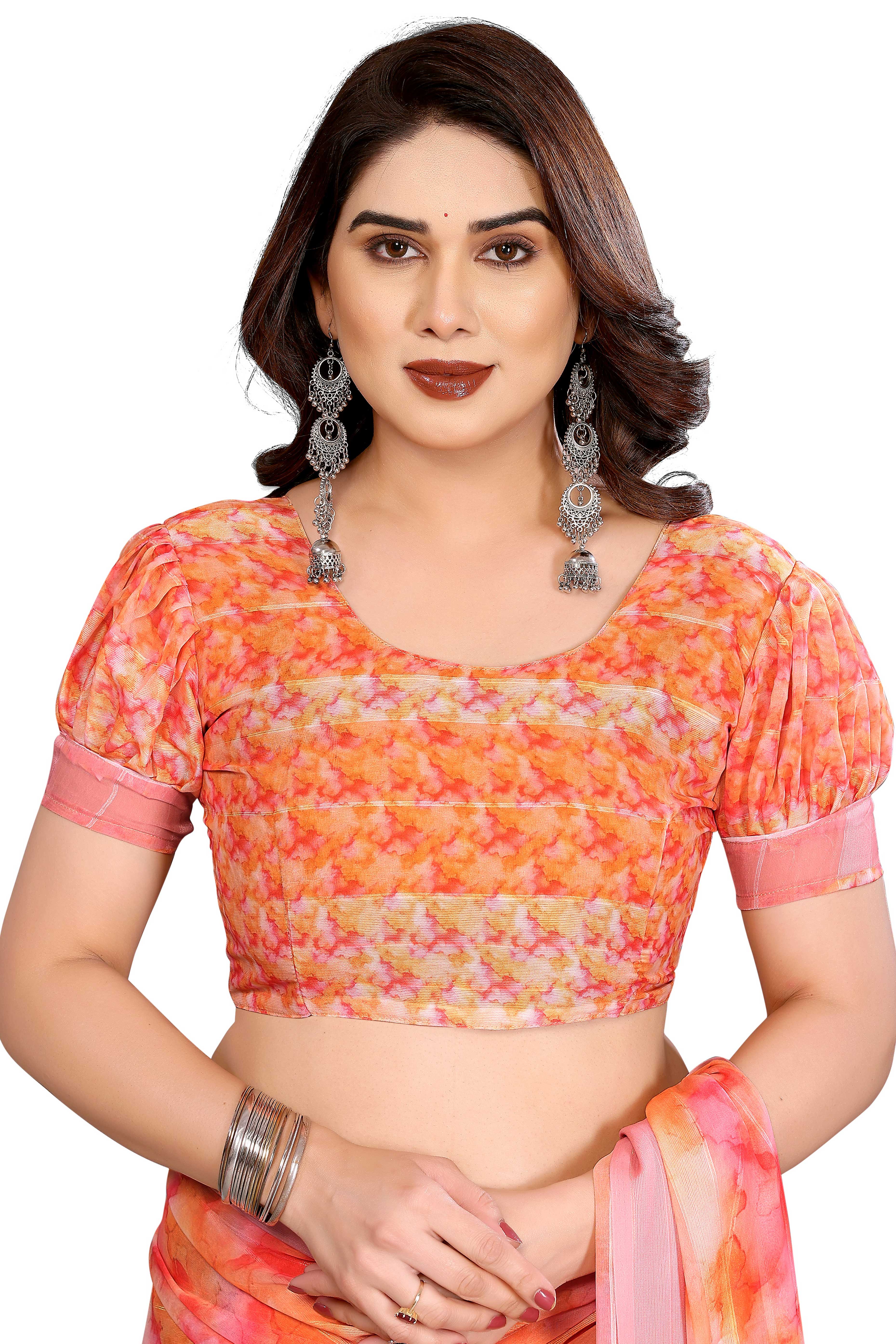 Classic Orange Digital Print Georgette Saree With Refined Zari & Stylish Striped - Image 6