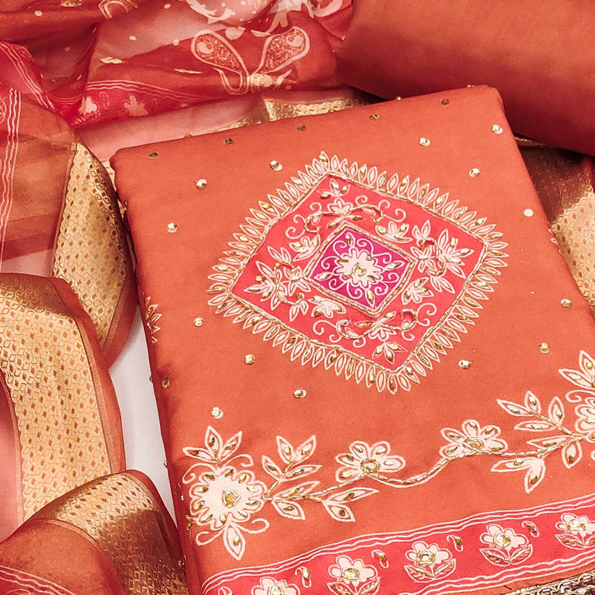 Classic Orange Rust Floral Digital Printed With Stone Work Rayon Dress Material - Image 2