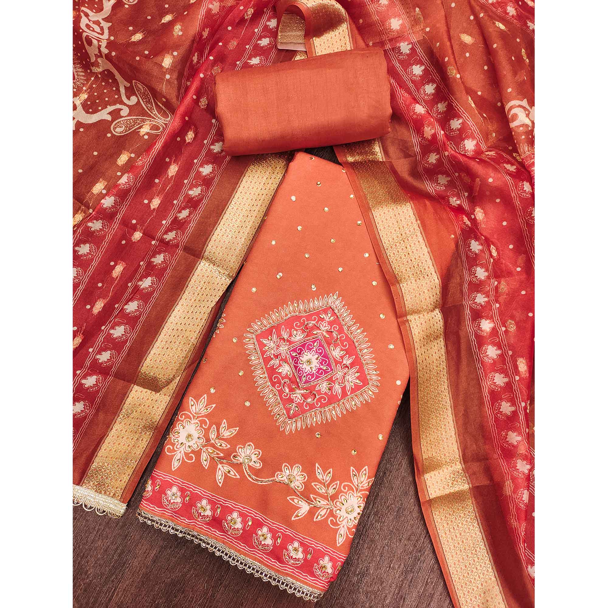Classic Orange Rust Floral Digital Printed With Stone Work Rayon Dress Material - Image 3