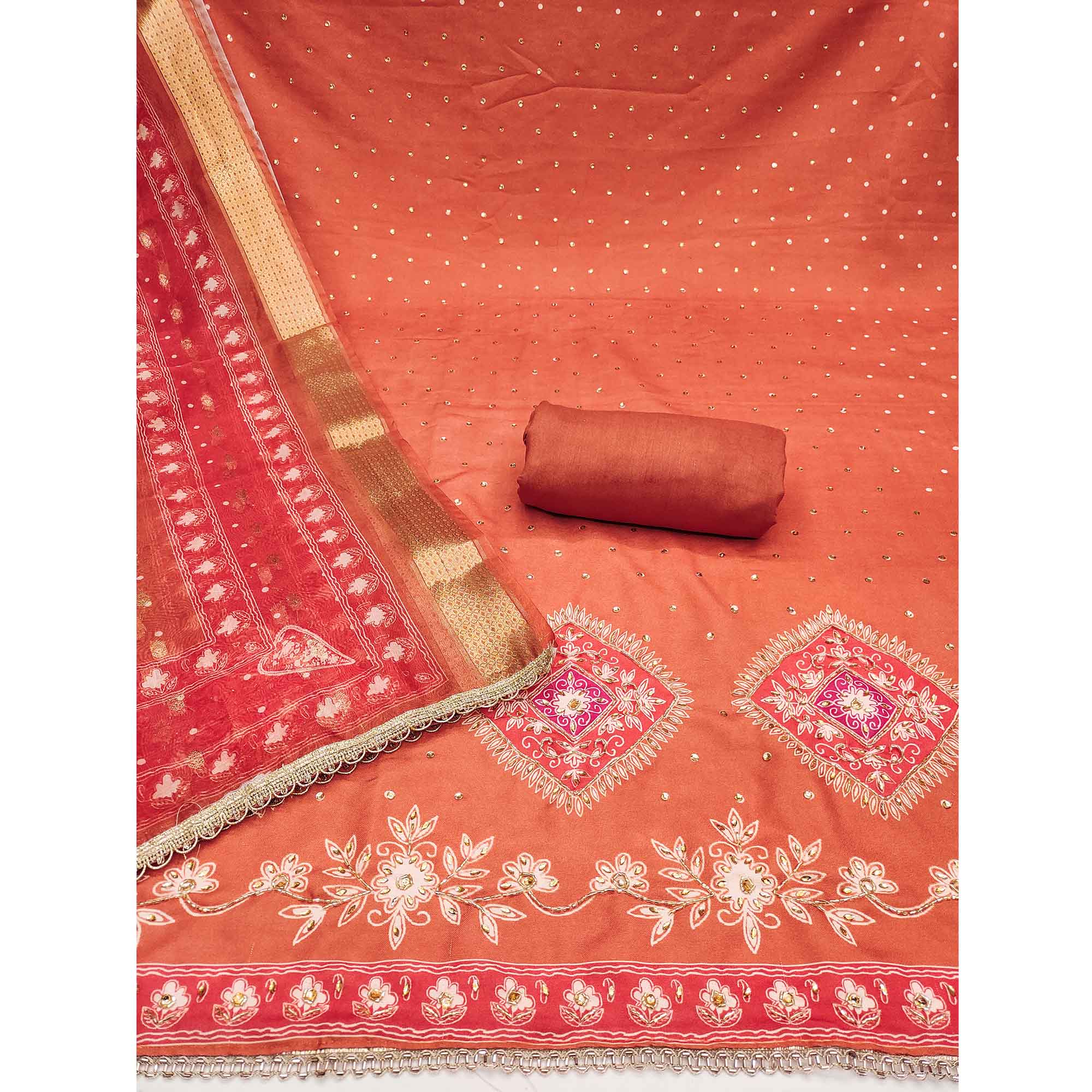 Classic Orange Rust Floral Digital Printed With Stone Work Rayon Dress Material - Image 4