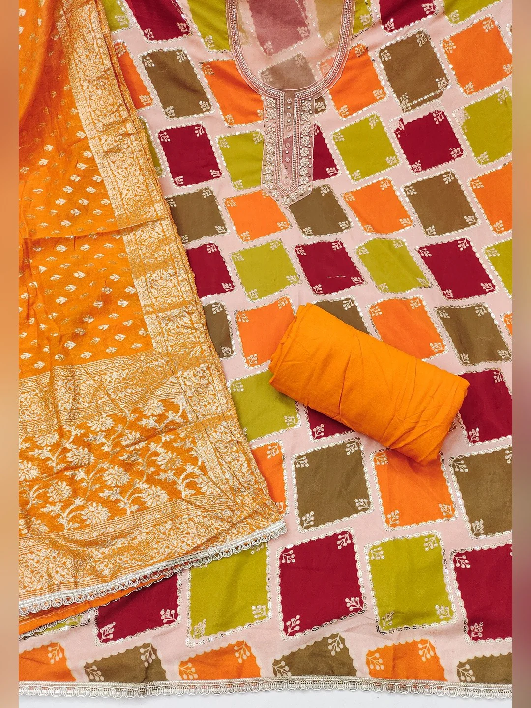 Classic Orange Sequins Embroidered Cotton Silk Dress Material With Digital Print & Moti Handwork - Image 3