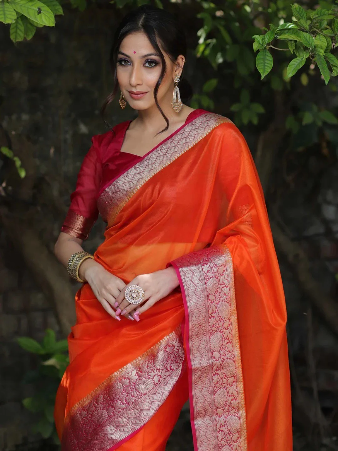Classic Orange Solid Organza Saree Featuring Floral Golden Zari Weaving Border - Image 10