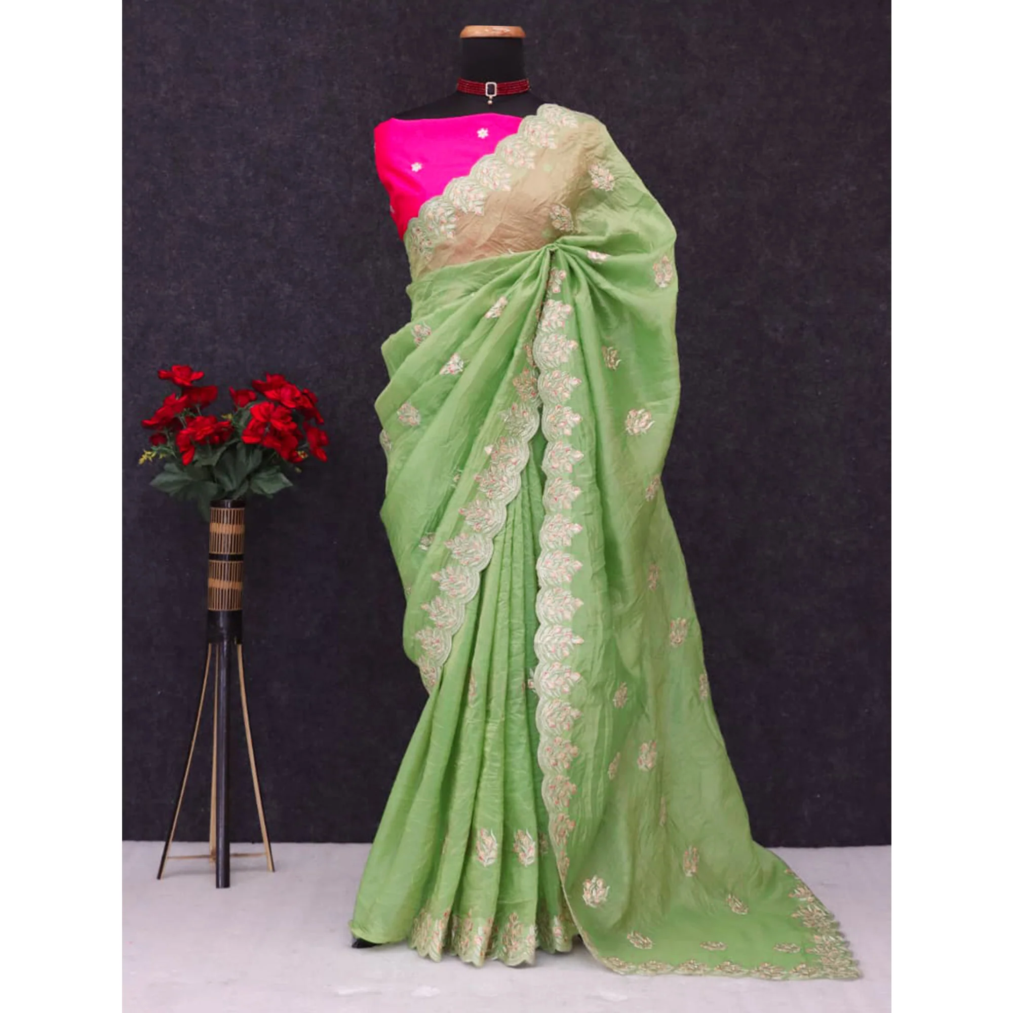 Classic Parrot Green Silk Blend Crush Saree Beautifully Embellished With Floral Thread Embroidery - Image 7