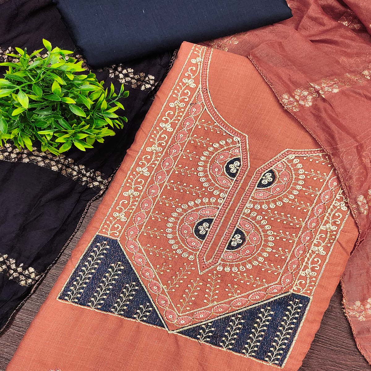 Classic Peach Floral Embroidered Cotton Blend Dress Material With Shimmering Sequins Work - Image 2