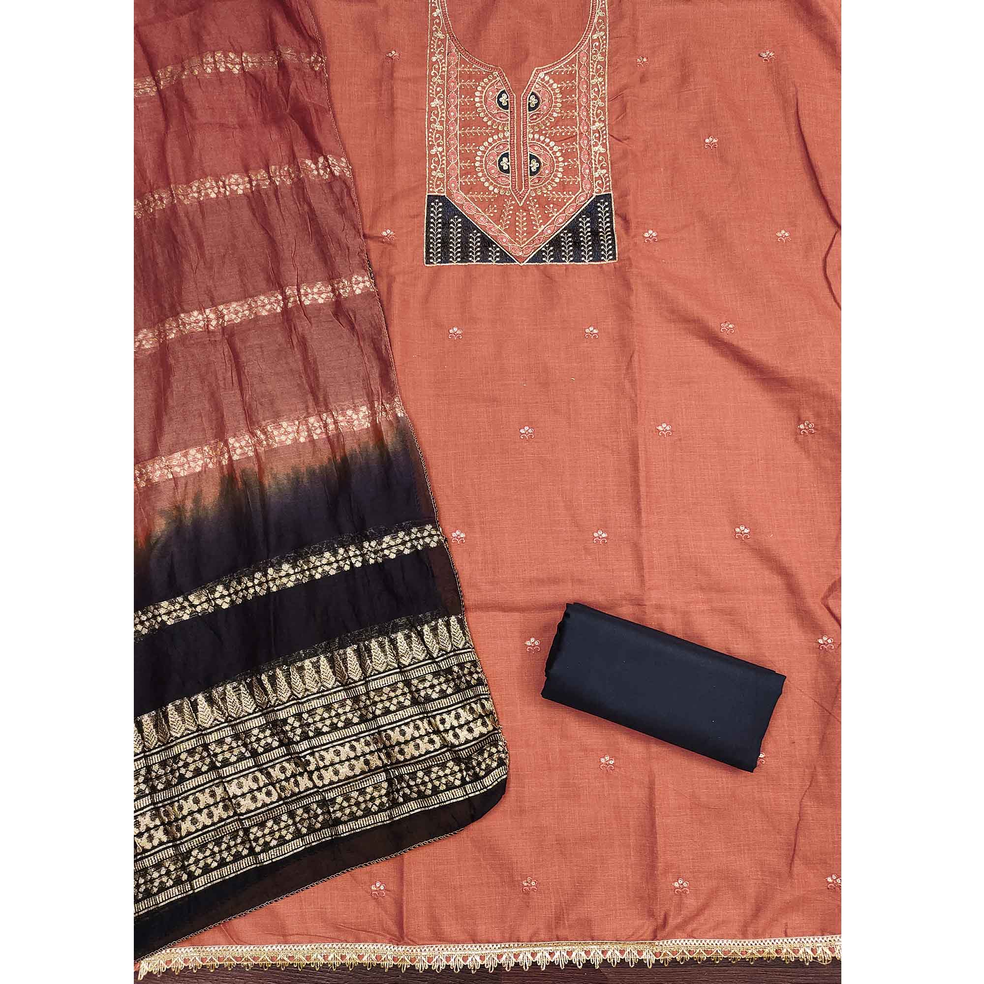 Classic Peach Floral Embroidered Cotton Blend Dress Material With Shimmering Sequins Work - Image 3