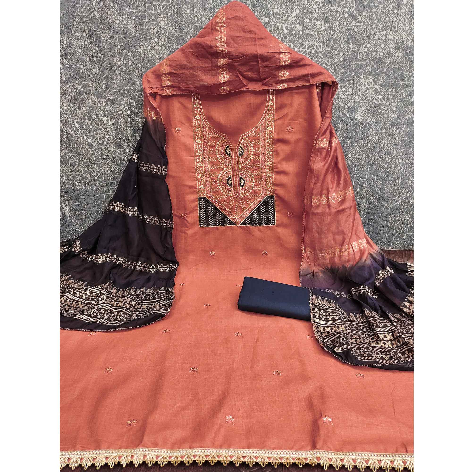 Classic Peach Floral Embroidered Cotton Blend Dress Material With Shimmering Sequins Work - Image 5