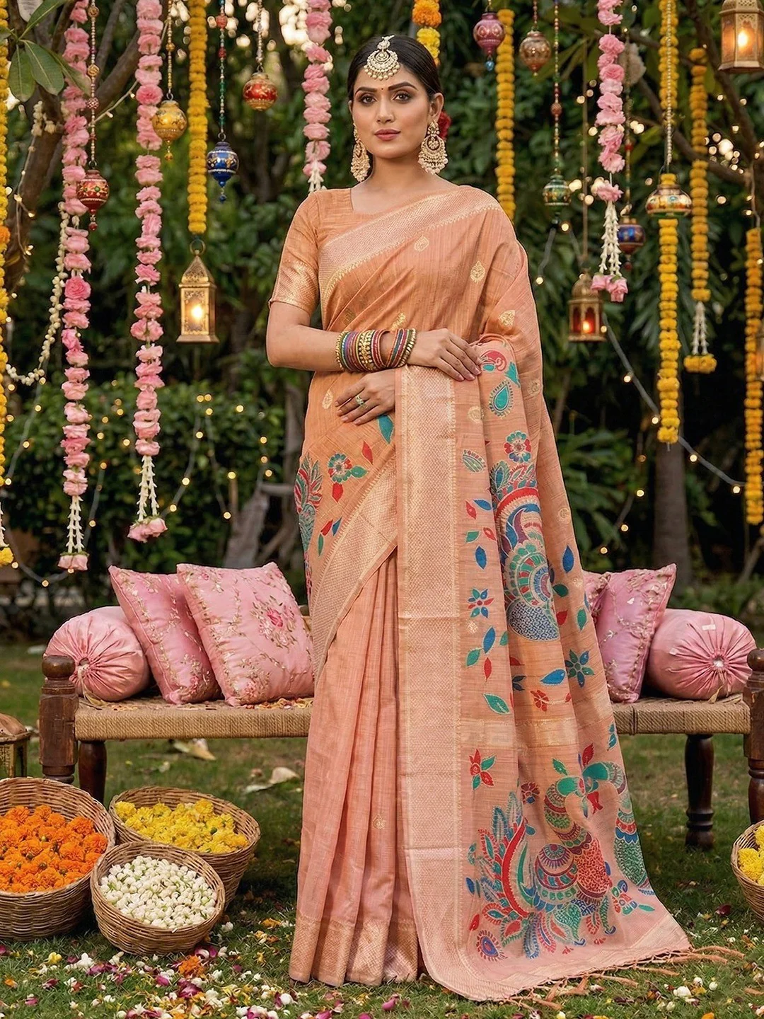 Classic Peach Floral Weaving Tissue Saree Enhanced With Peacock Motif Pallu & Tassels