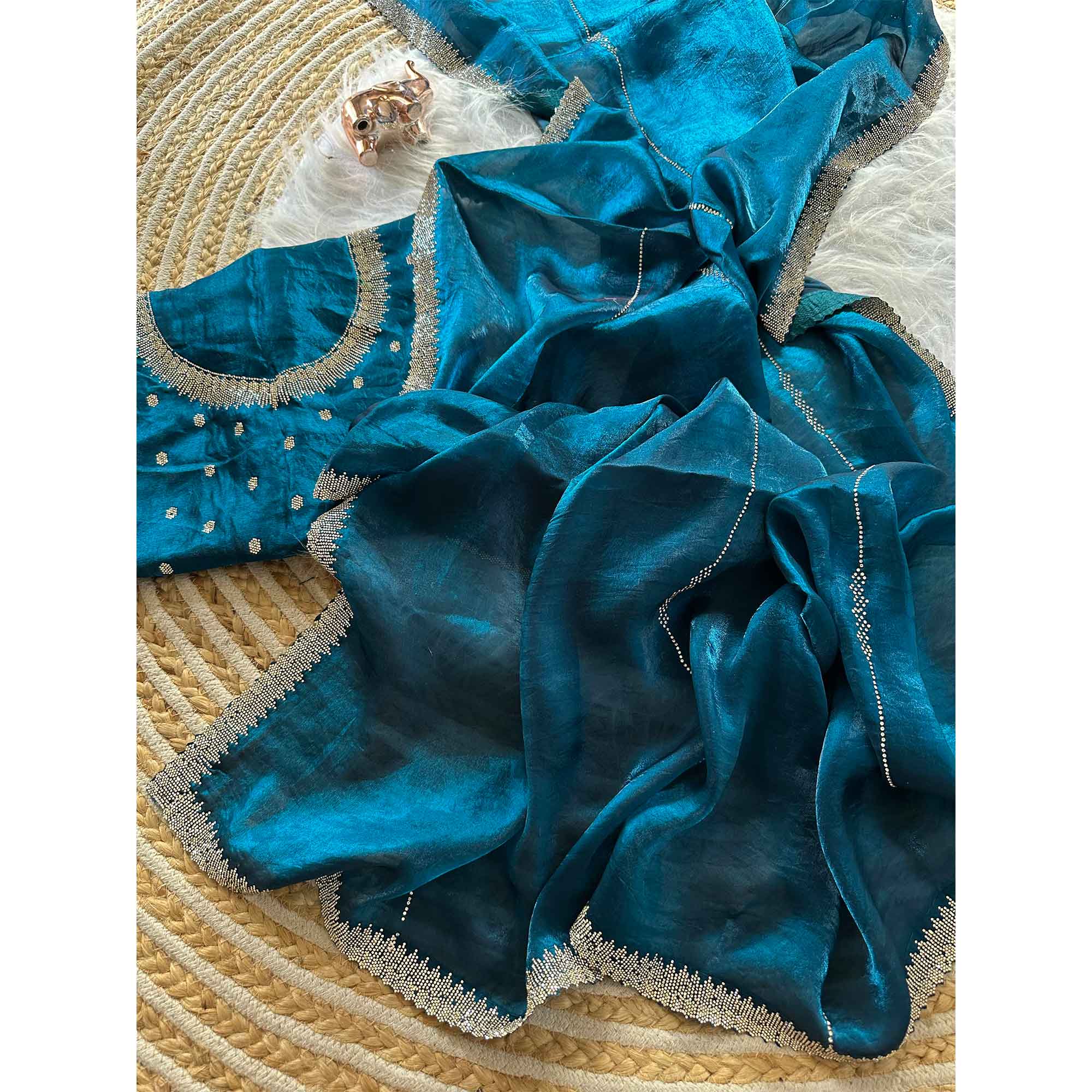 Classic Peacock Blue Pure Silk Saree Adorned With Sparkling Jarkan Work & An Designer Border - Image 3
